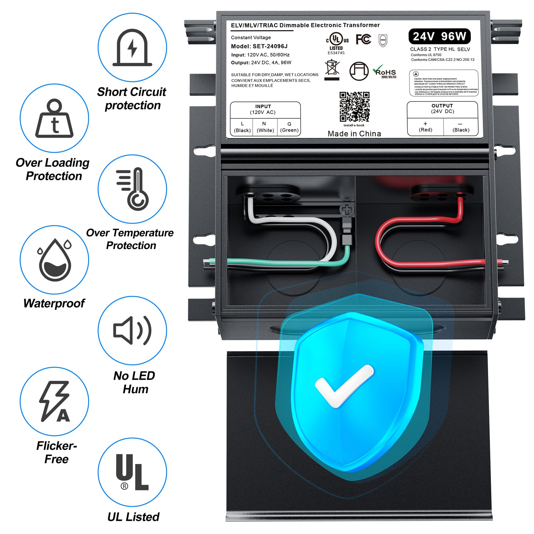 96W Dimmable Led Driver 24V With Junction Box,Triac Elv/Mlv Led Transformer Compatible With Lutron&Leviton Switches,Dimmable Led