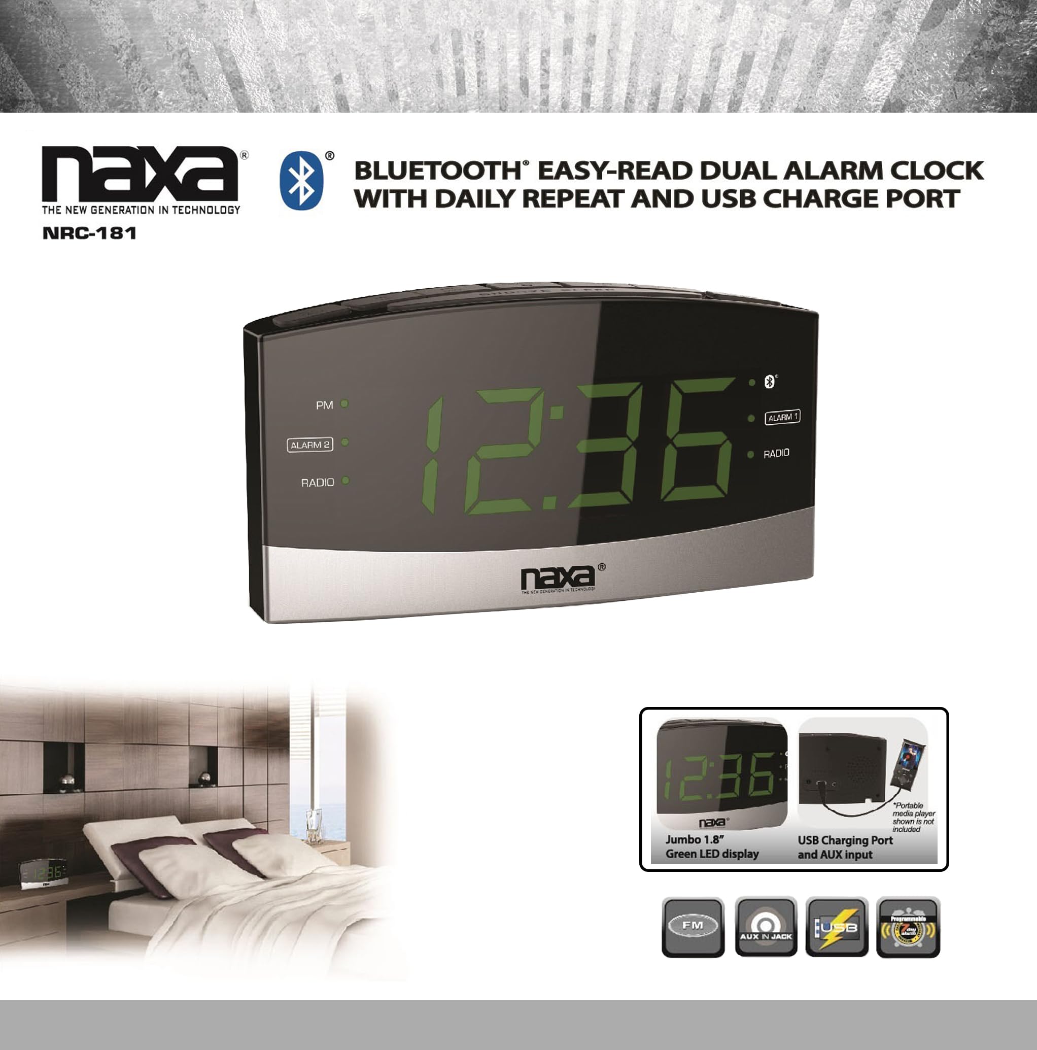 Naxa Nrc 181 Bluetooth Easy Read Dual Alarm Clock With Daily Repeat