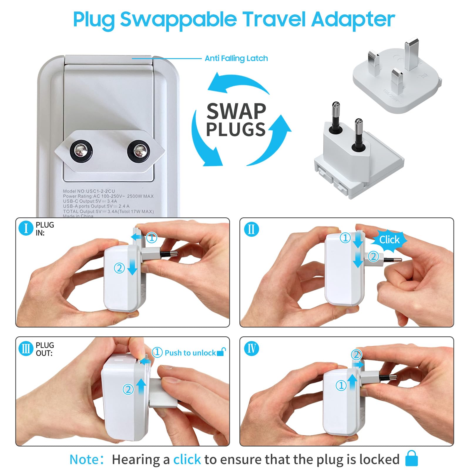 Vintar European Travel Plug Adapter Kit, Uk Adapters For Travel With 3 Usb Ports (2 Usb C) & 2 American Outlets, Type C,G Swap&A
