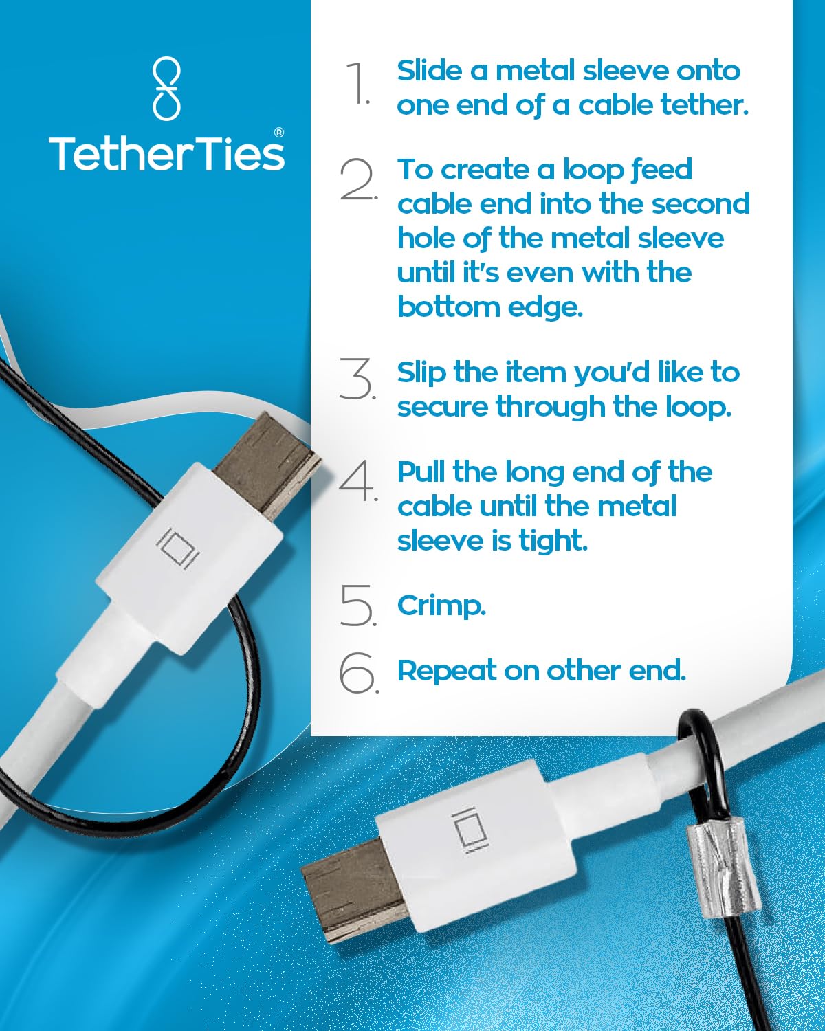 Tetherties Cable Organization, Diy Tether Kit   Customizable Cable Tethers For Computers, Adapters & Dongles   Easy Self Installation Tether Cables With Free Crimping Tool (Silver 60 Pk, 12 Inch)
