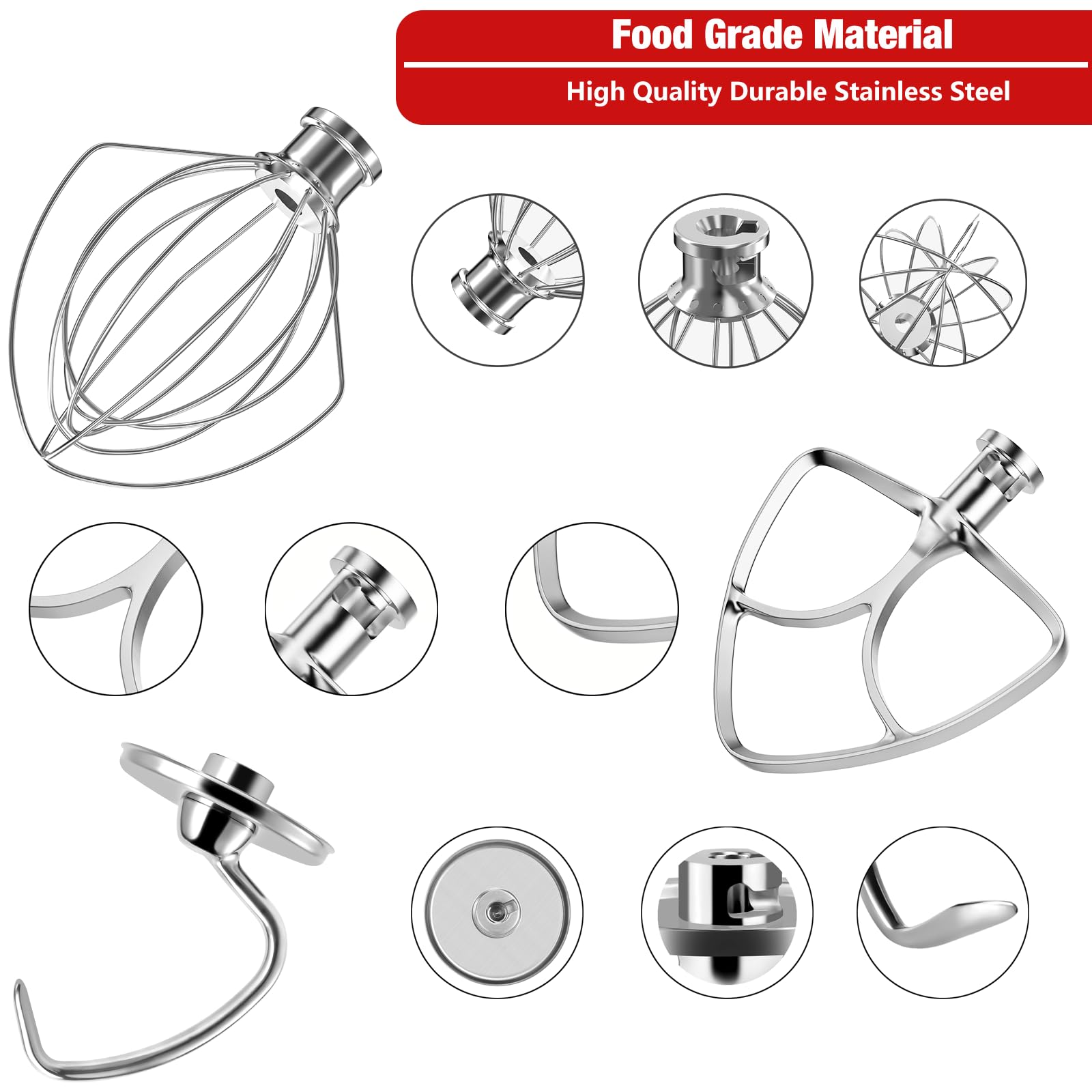 Stainless Steel Stand Mixer Attachments 3 Piece (4.5 5Qt Flat Beater, 4.5 5Qt Dough Hook, K45Ww 6 Wire Whip Attachment) For Kitc