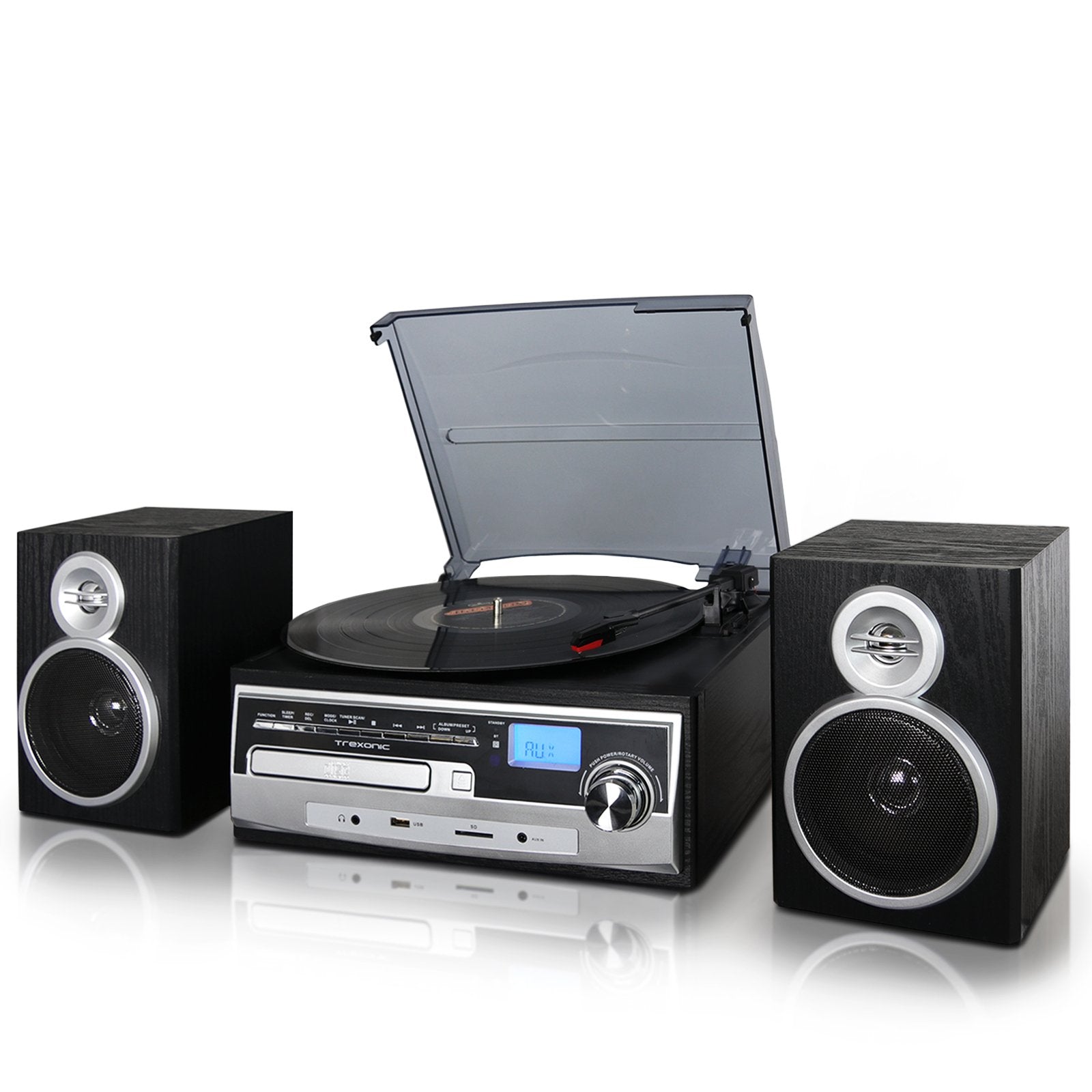 Trexonic 3 Speed Turntable With Cd Player, Fm Radio, Bluetooth, Usb/Sd Recording And Wired Shelf Speakers