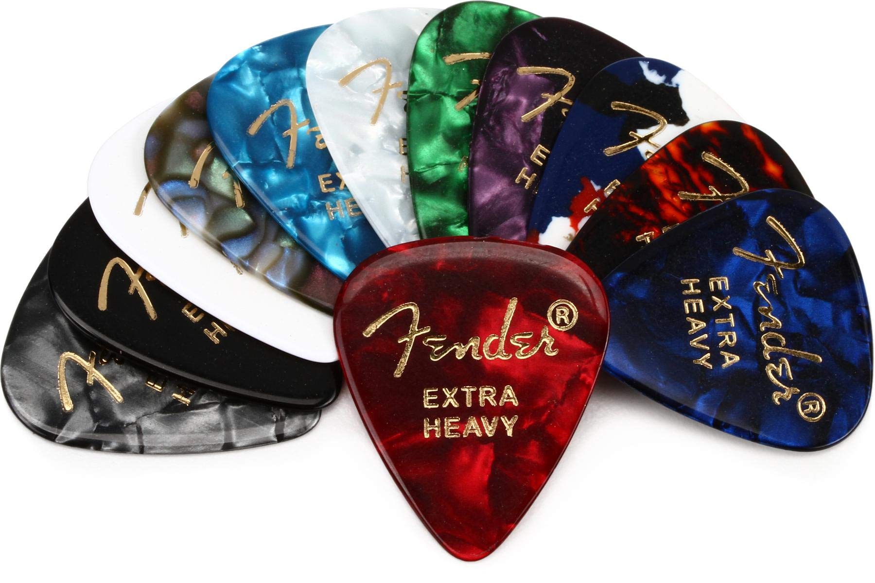Fender Classic Celluloid Guitar Picks 351 Shape, Color Medley, Extra Heavy, 12-Pack