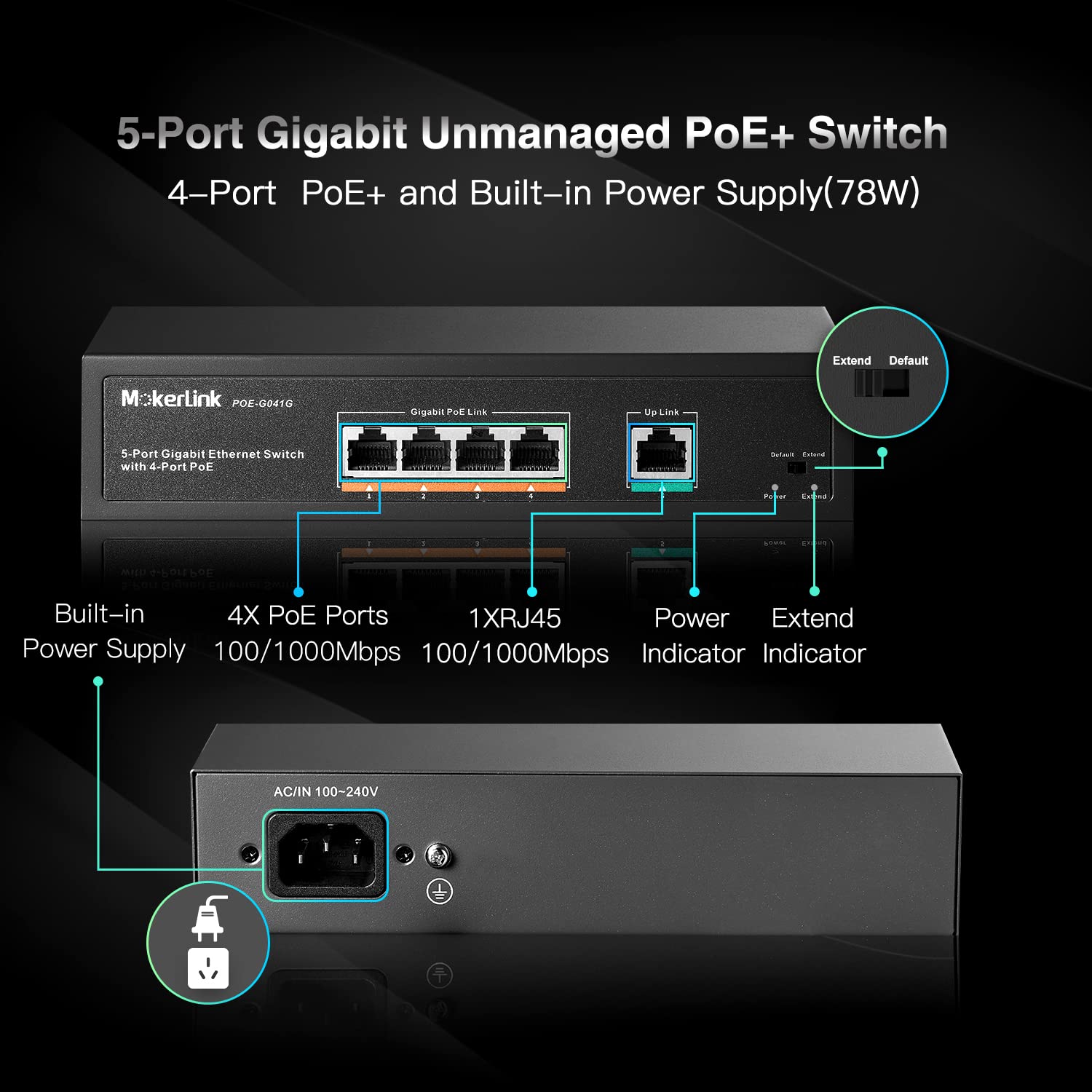Mokerlink 5 Port Gigabit Poe Switch, With 4 Poe+ Ports 1000Mbps, 78W Ieee802.3Af/At, Unmanaged Plug And Play, Sturdy Metal Fanle