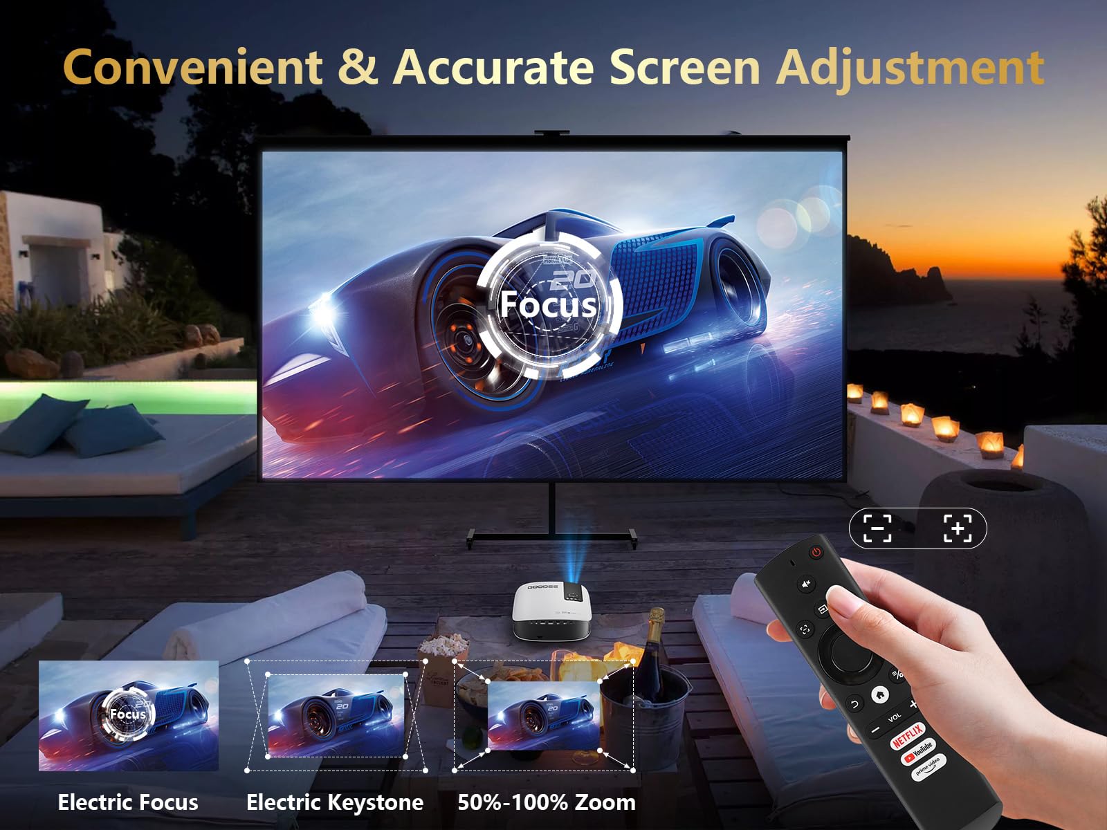 Goodee Smart 4K Projector With 5G Wifi And Bluetooth, Netflix/Amazn Prime Video Certified, Dolby Audio, 800Ansi Outdoor Projecto