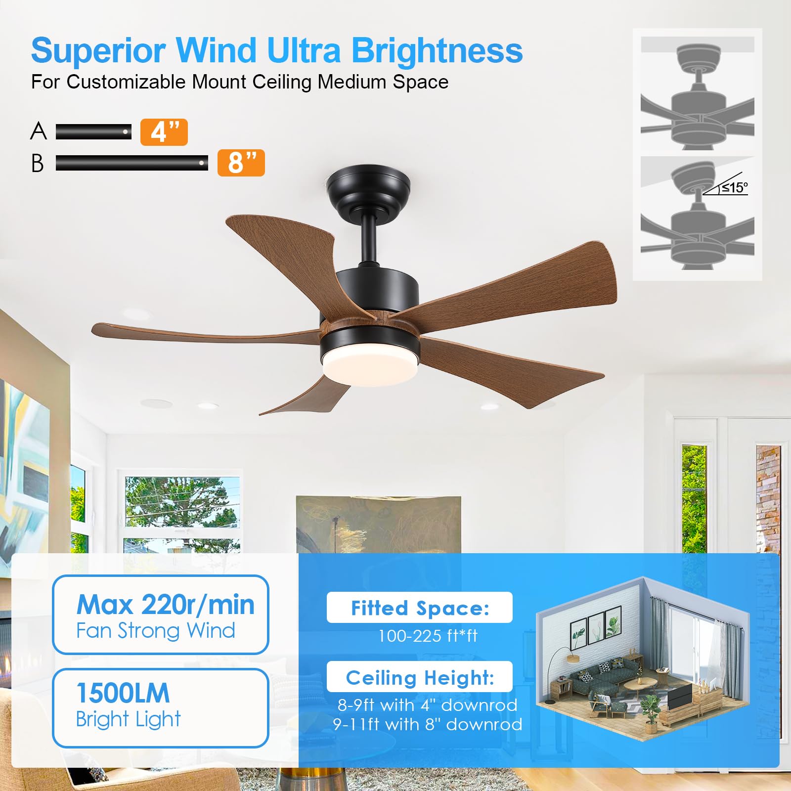 42 Inch Ceiling Fans With Lights, Modern Ceiling Fan With Remote Control App, Dc Motor Quiet, 3Cct Dimmable Memory, Led Sloped F