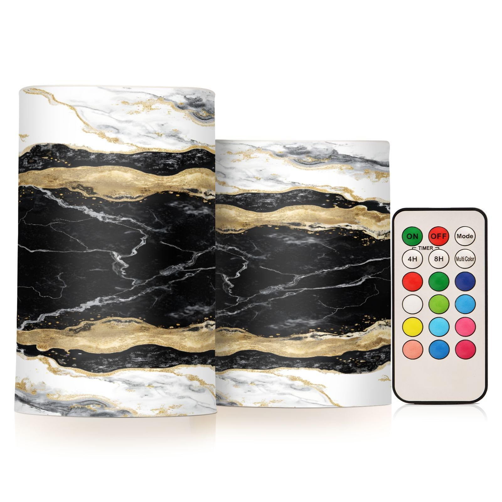 BOENLE Flickering Flameless Candles, Black White Marble Gold Veins LED Candles with Remote Timer, Set of 2 Battery Operated Cand