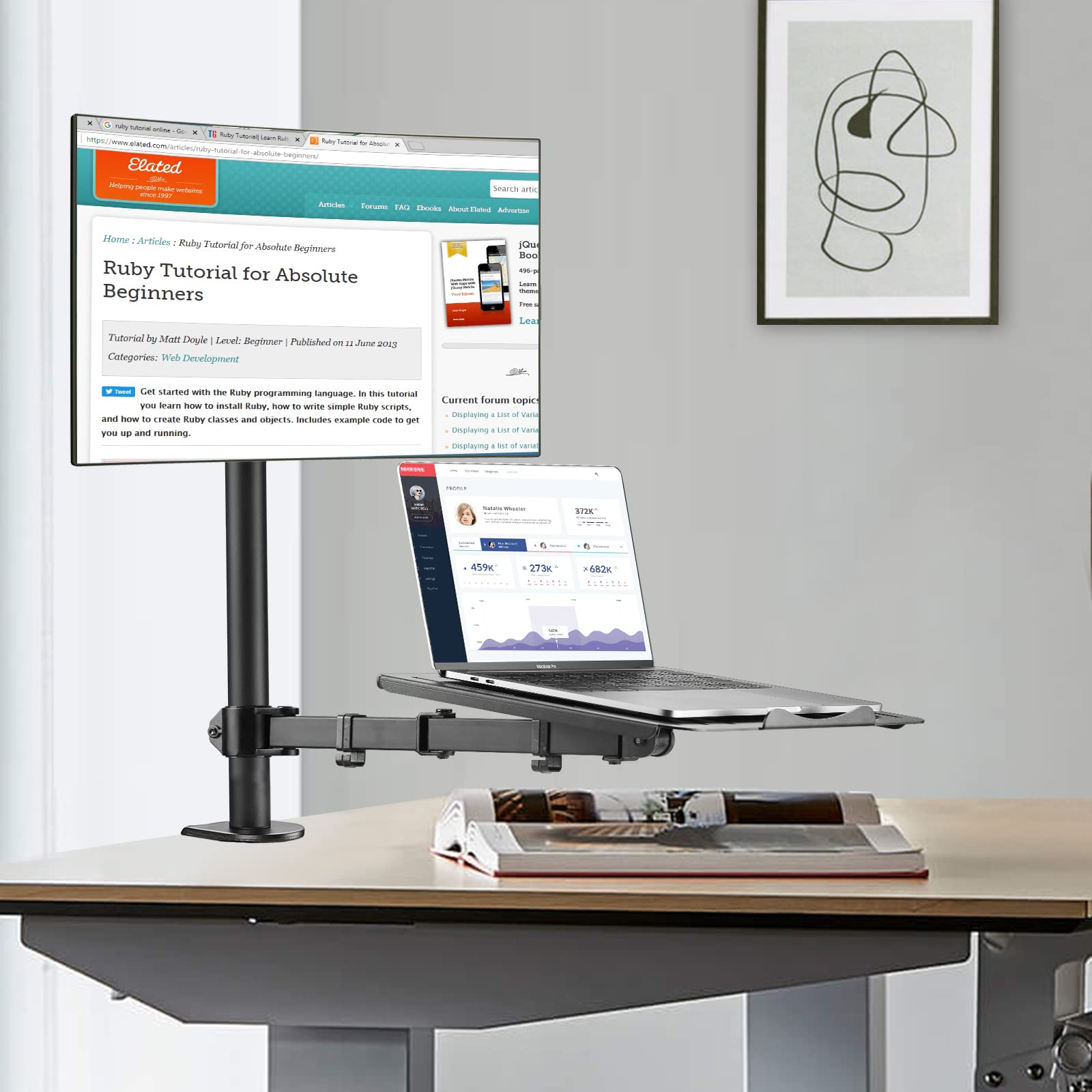 Suptek Monitor And Laptop Mount,Adjustable Monitor Arm Stand With Laptop Tray For 13 27 Inch,Hold 22 Lbs, With Clamp And Grommet