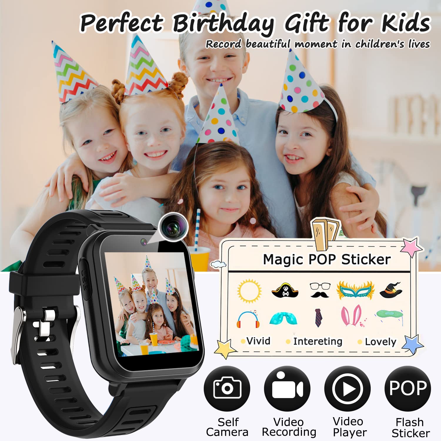 Smart Watch For Kids With 24 Games, Hd Touch Screen, Video Camera, Music Player, Pedometer, Flashlight, Alarm Clock - 12/24 Hr K