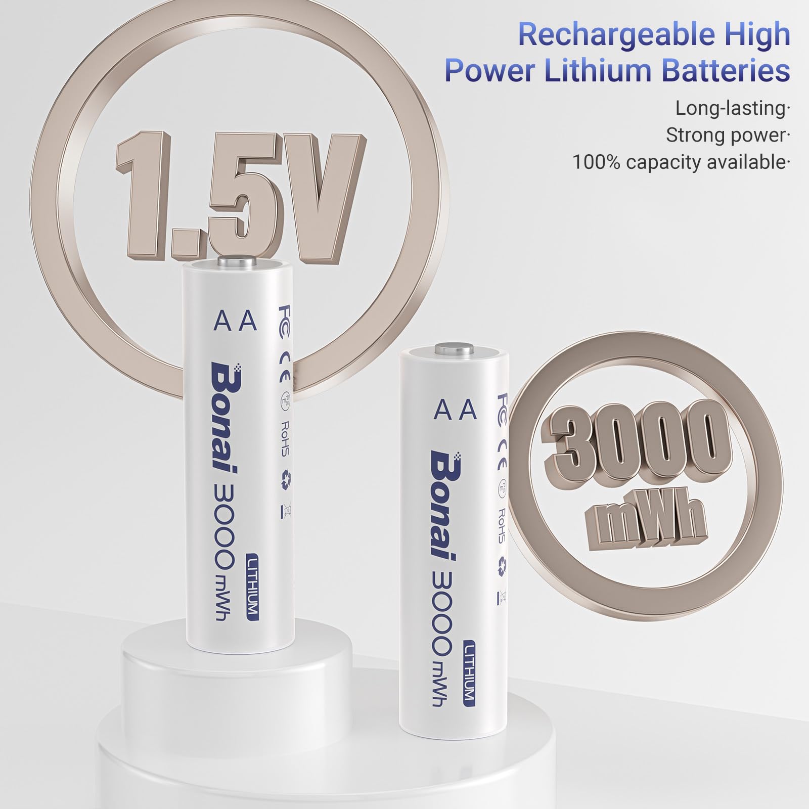 Bonai Rechargeable Lithium Aa Batteries With Charger, 3000Mwh 1.5V Aa Batteries For Blink Camera 8 Count With 2H Fast Charge  Wh