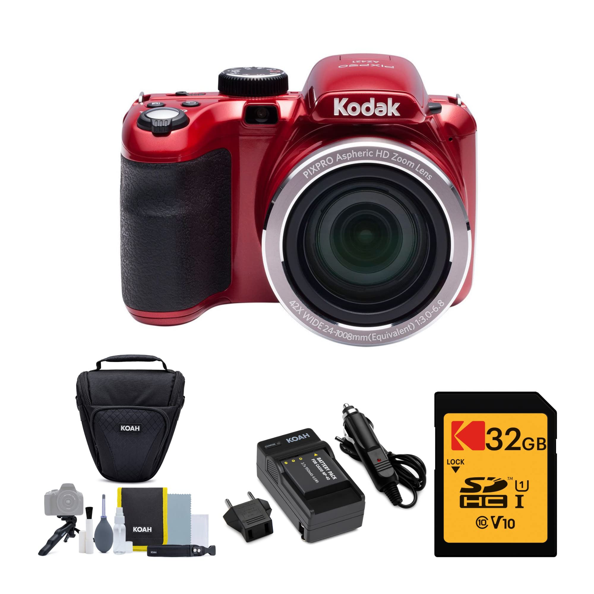 Kodak Az425 Pixpro Astro 20Mp Digital Camera (Red) Bundle With 32Gb Memory Card, Rechargeable Battery And Charger Kit Compatible
