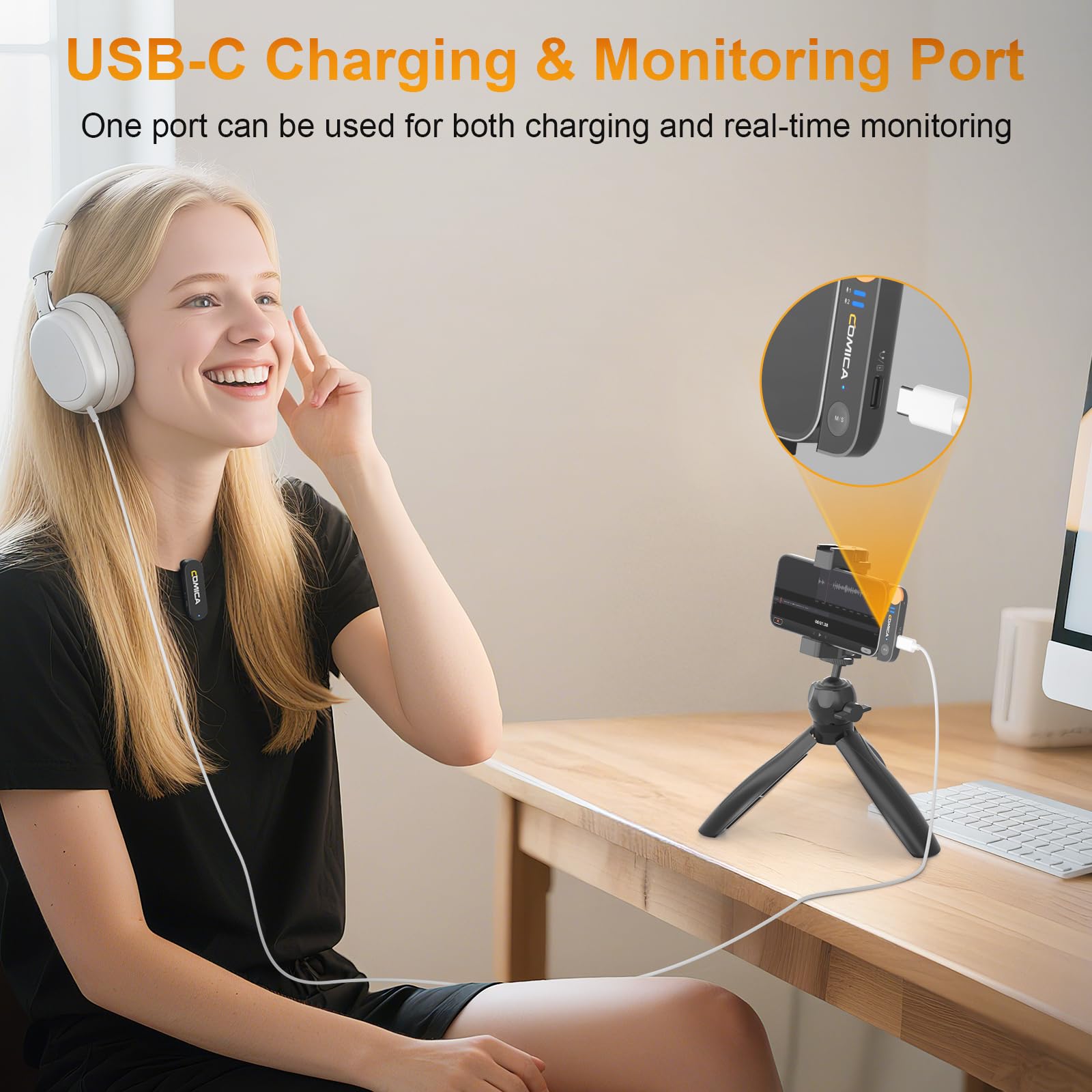 Comica Vimo S Uc Wireless Lavalier Microphone For Android, Noise Cancelling, 656 Range, Real-Time Monitor, Mini Usb C Wireless