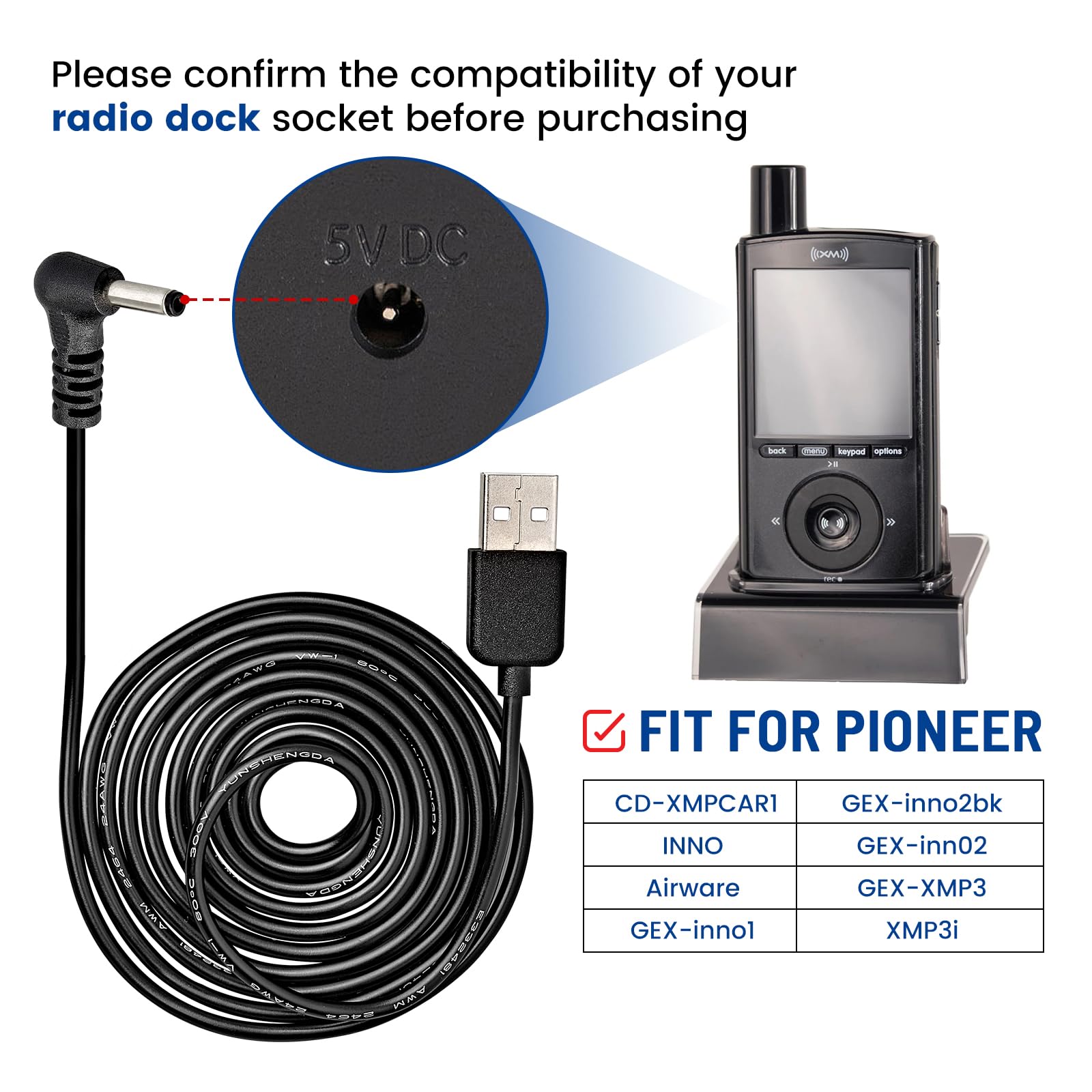 Anina 5V Usb Power Cord Cable, 5Ft Car Charger Connector For Sirius Xm Radio Dock For Delphi Myfi Xpress Audiovox Xmck Pioneer Inno Gex Xmp3I Airware Samsung Nexus Helix Stratus Sportster Starmate