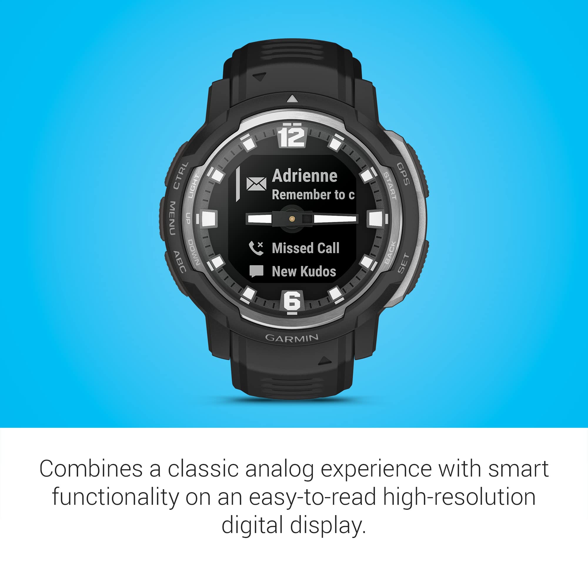 Garmin Instinct Crossover, Rugged Hybrid Smartwatch, Analog Hands And Digital Display, Black