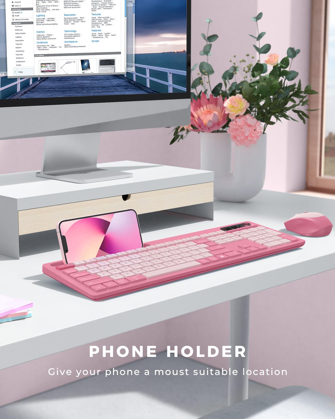 Wireless Keyboard And Mouse Set Rose Pink, Vivefox Wireless Keyboard With Phone Holder, Usb A & Type C Cute Keyboard And Mouse C