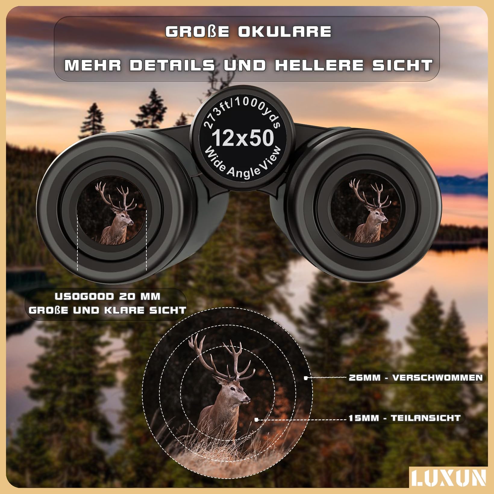 Luxun 12X50 High Powered Binoculars For Adults Hunting, Binoculars With Long Range Bak4 Prism Fmc Prisms, For Hunting Bird Watch