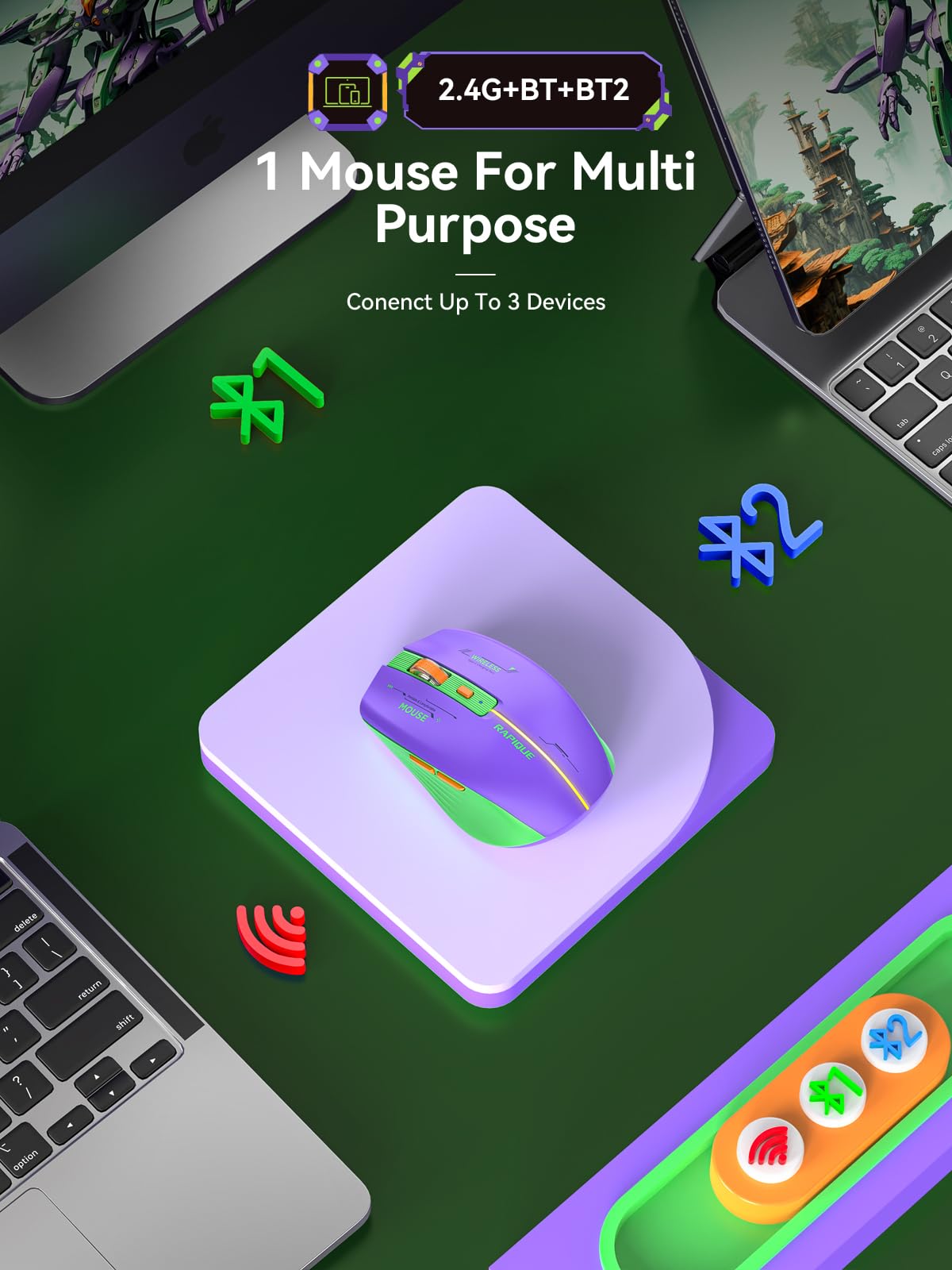 Rapique Bluetooth Wireless Mouse   (Bt1/Bt2+Usb Receiver) Dual Mode, Rechargeable, Quiet Click, Multi Device Compatibility For L