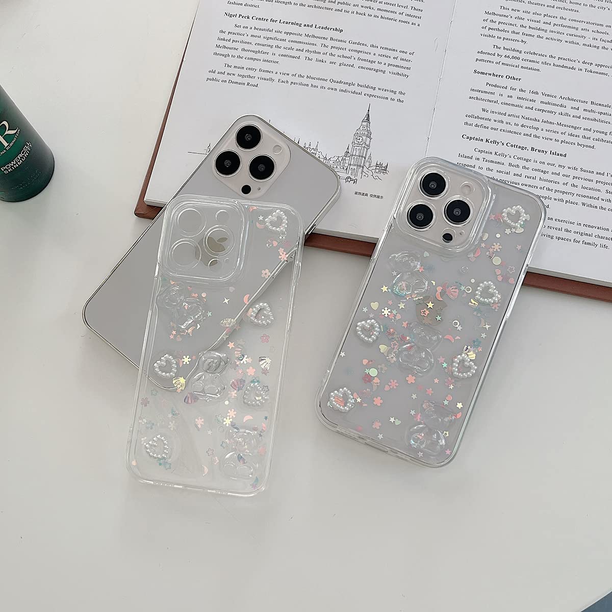 Fycyko iPhone 12 Case 3D Bear Glitter Bling Clear TPU with Phone Charm 6.1 inch