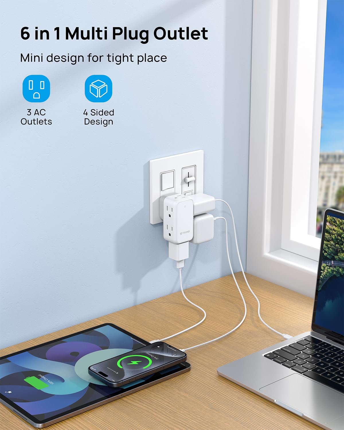 Trond Outlet Extender With 360 Rotating Plug, 6 Ac Outlet Splitter, Turn One Into Multiple Sideways Plug Adapter, Small Power Ex