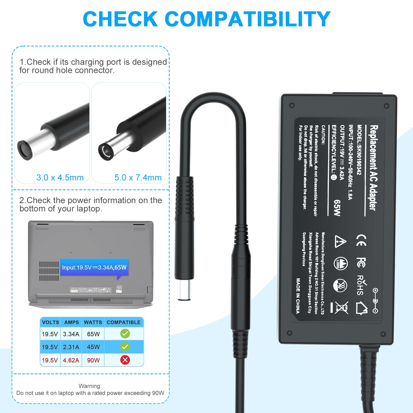 65W Laptop Charger For Dell Latitude 13 3301 3310 3390 14 3400 3410 3420 3490 15 3500 3510 3520 3590 Vostro 13 5301 5390 14 5401