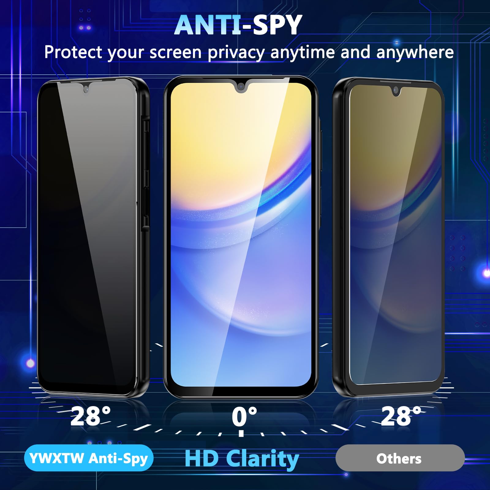 Ywxtw For Samsung Galaxy A15 5G Privacy Screen Protector, Upgraded Anti Spy 9H Tempered Glass Screen Protector For Galaxy A15 5G