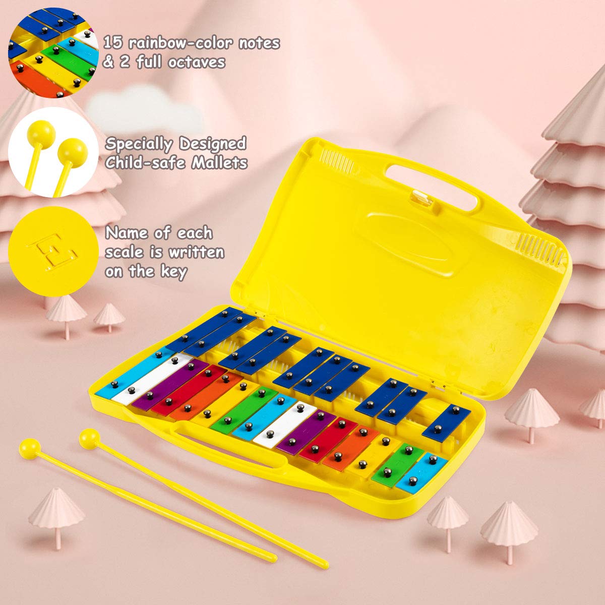 Costzon 25 Note Xylophone W/Case, Colorful Musical Toy W/Clear Tuned Metal Keys, 2 Child Safe Mallets, Perfectly Tuned Instrumen