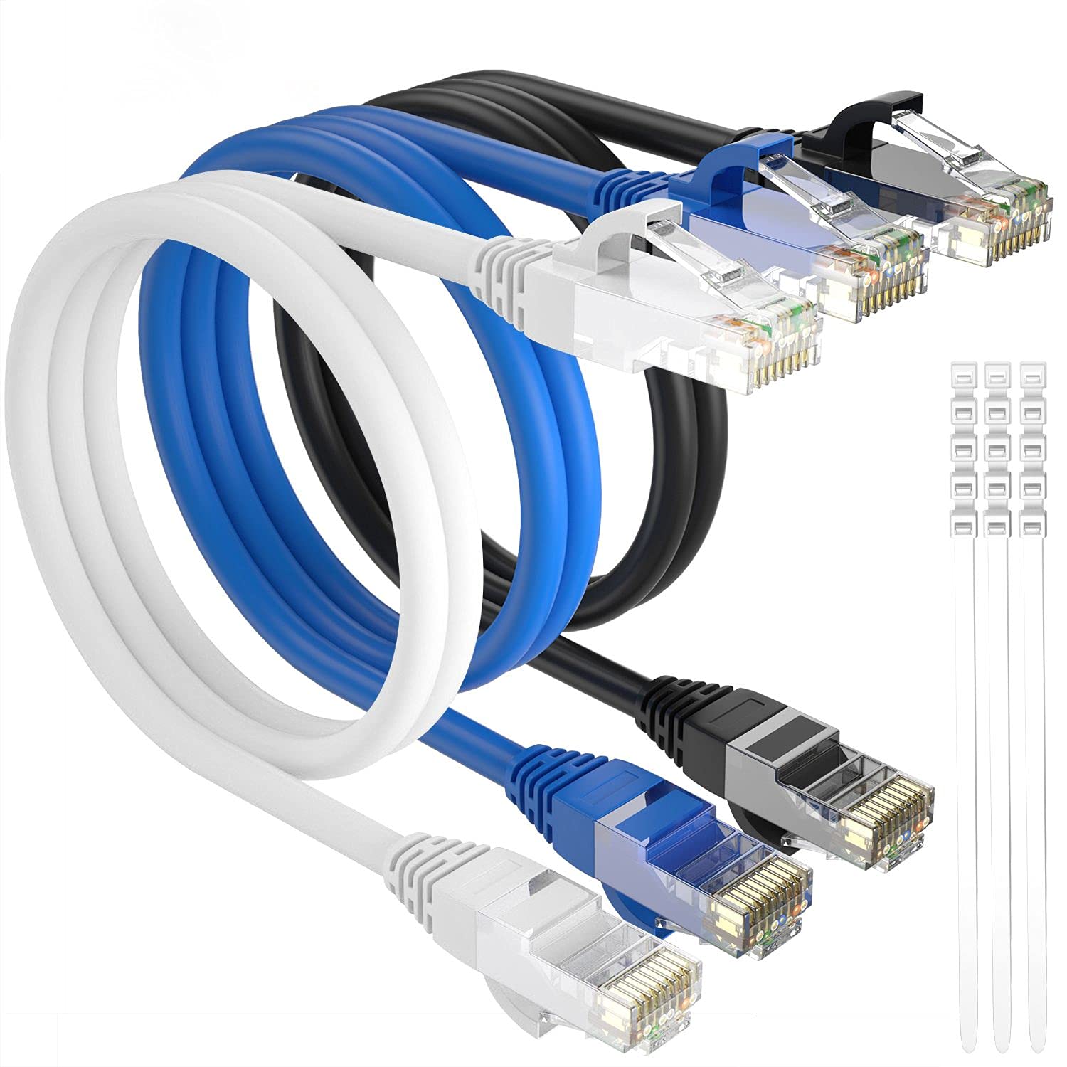 Adoreen Cat 6 Ethernet Cable 12 Ft 3 Pack,High Speed Short Patch Cables Network Cables, Soft Flexible Cat6 Rj45 Lan Internet Cable Cord Faster Than Cat 5E 5 Cable+15 Ties Black+White+Blue