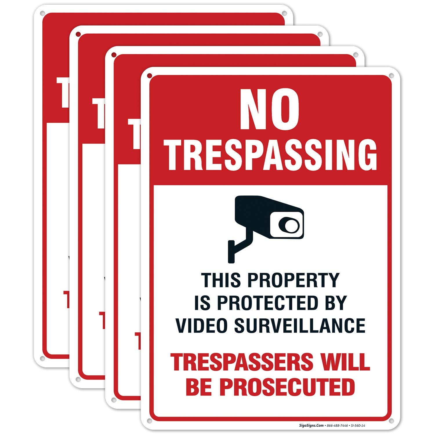 Sigo Signs   Video Surveillance No Trespassing Sign, Cctv Security Camera, (Pack Of 4) 10X14 Inches, Rust Free .040 Aluminum, Fa