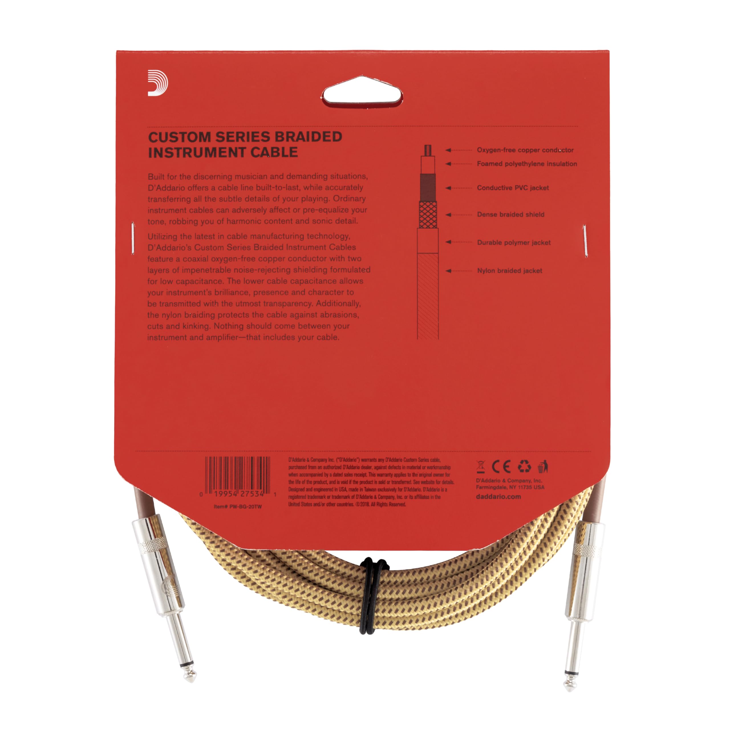 Daddario Guitar Cable - Guitar Lead - Instrument Cable - Guitar Accessories - Custom Series Braided Cable - 20 Feet/7.62 Meters