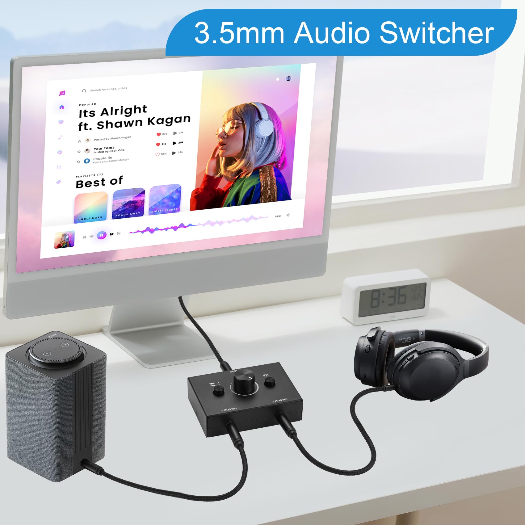 3.5Mm Stereo Audio Switch Audio Switcher Passive Speaker Headphone Manual Selector Splitter Box Audio Sharing