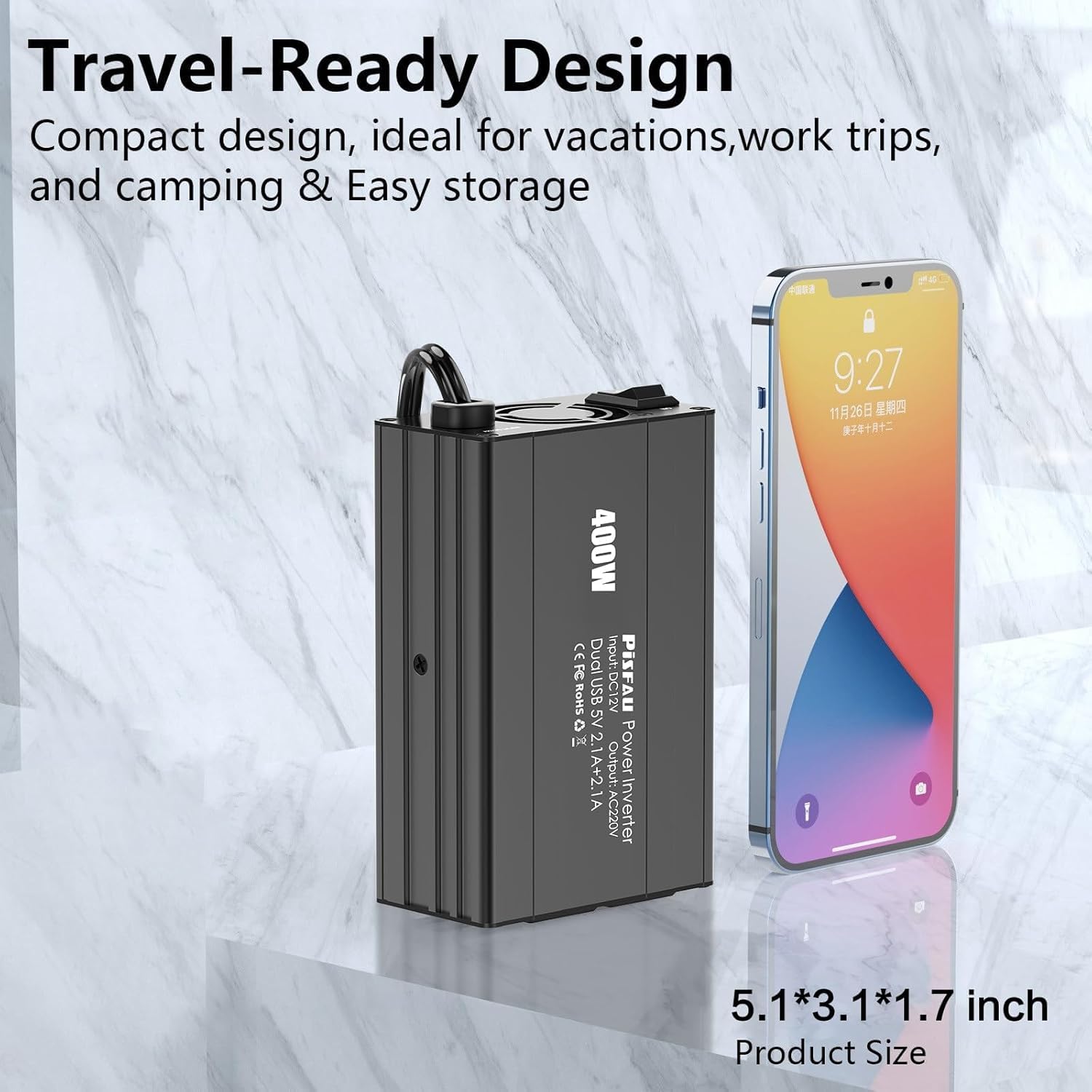 400W Car Power Inverter,Dc 12V To 110V Ac Car Plug Adapter Outlet Converter With [65W Usb C] /Usb Fast Charger(24W) Car Charger