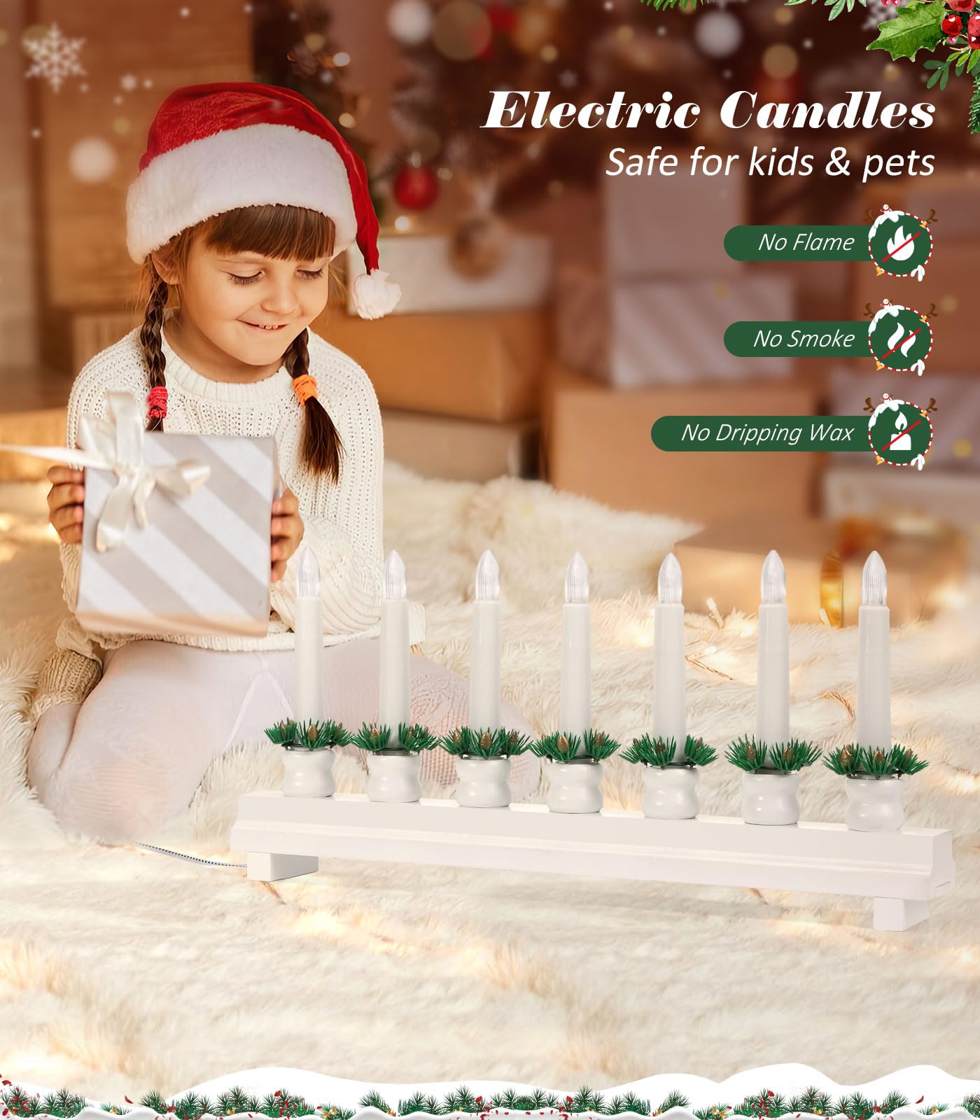Lewondr Christmas Swedish Candelabra, Electric Candles With 7 Flameless Taper Candles, Wooden Candle Bridge Light With Usb Power