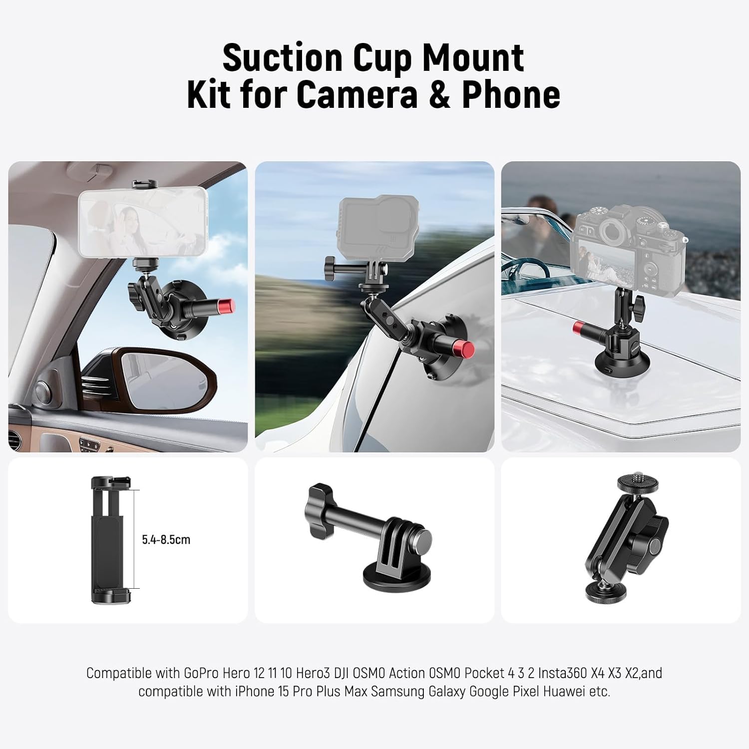 Neewer 3'' Suction Cup Camera Mount Bracket With Ball Head Magic Arm, 1/4'' Arri Holes, Quick Release Car Mount With Phone Holde
