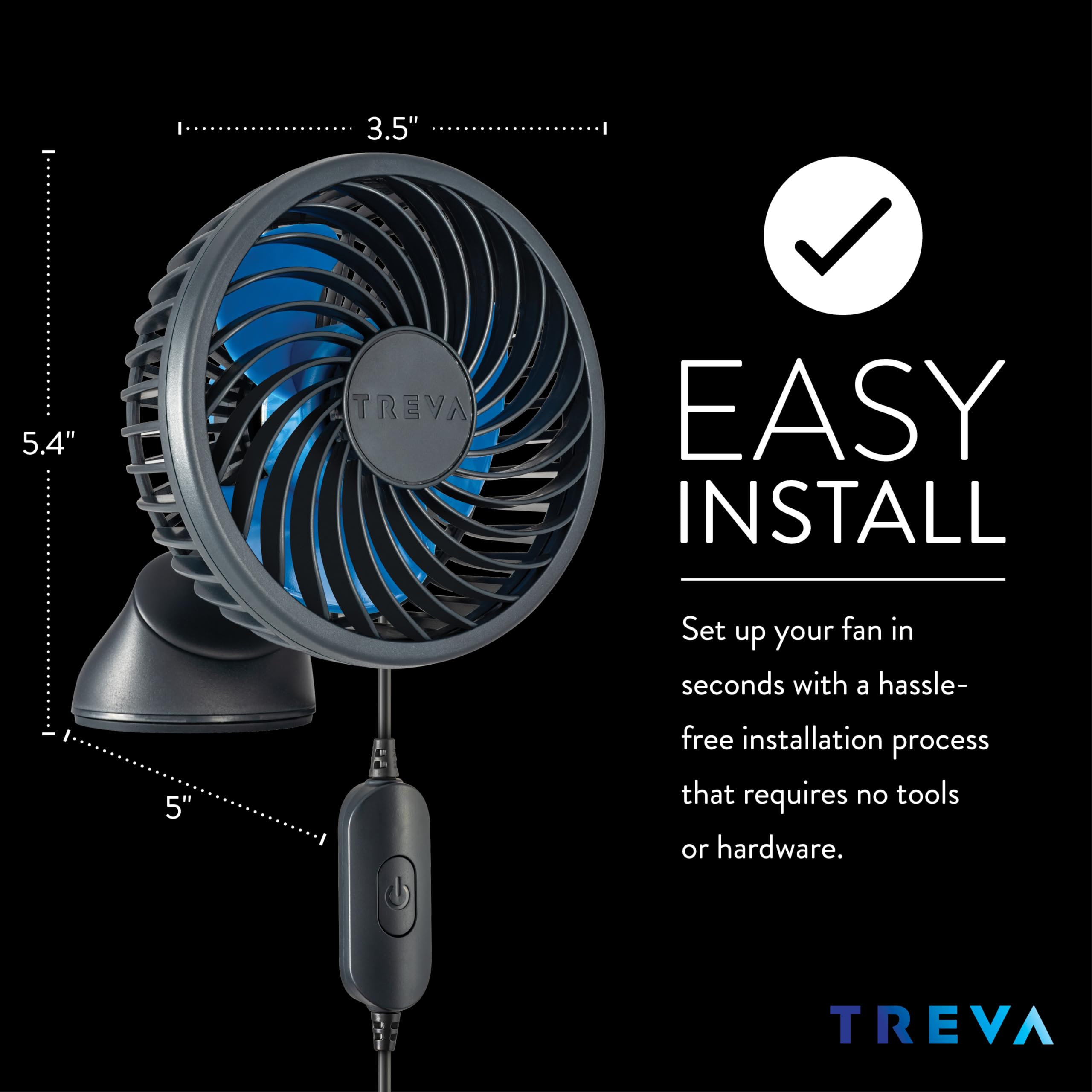 Treva 3.5 Inch Usb Powered Fan With Suction Cup, 3 Speed Attachable Fan With Rotating Head For Car, Camping, Travel, Bedroom, Mu