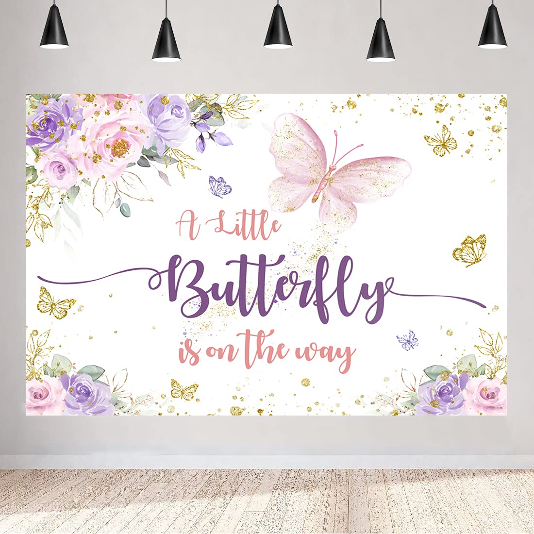 Aperturee 5X3Ft Butterfly Baby Shower Backdrop A Little Butterfly Is On The Way Photo Purple And Pink Floral Gold Spots Flowers