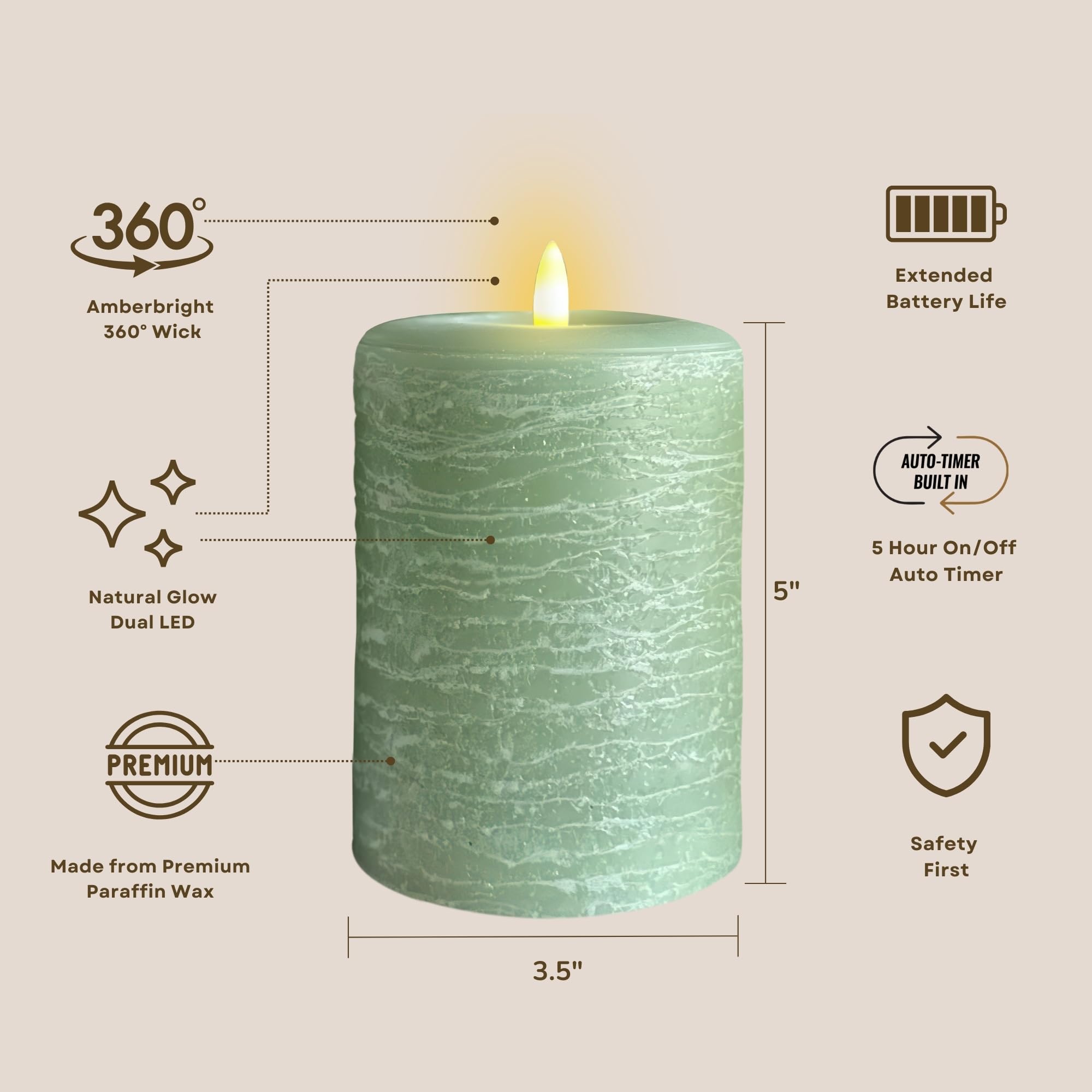 Lumipur Signature Collection Natural Glow Flickering Flameless 4 Pack Led Wax Pillar Candle (4 Pack 3.5'' X 5'', Sage Green)