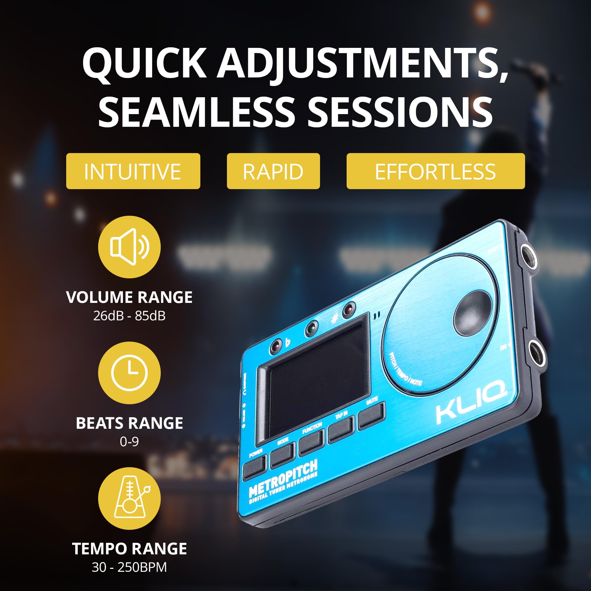 KLIQ MetroPitch Metronome Tuner - Guitar, Bass, Violin, Ukulele - Blue - Model MetroPitch-BK - Metal & Plastic
