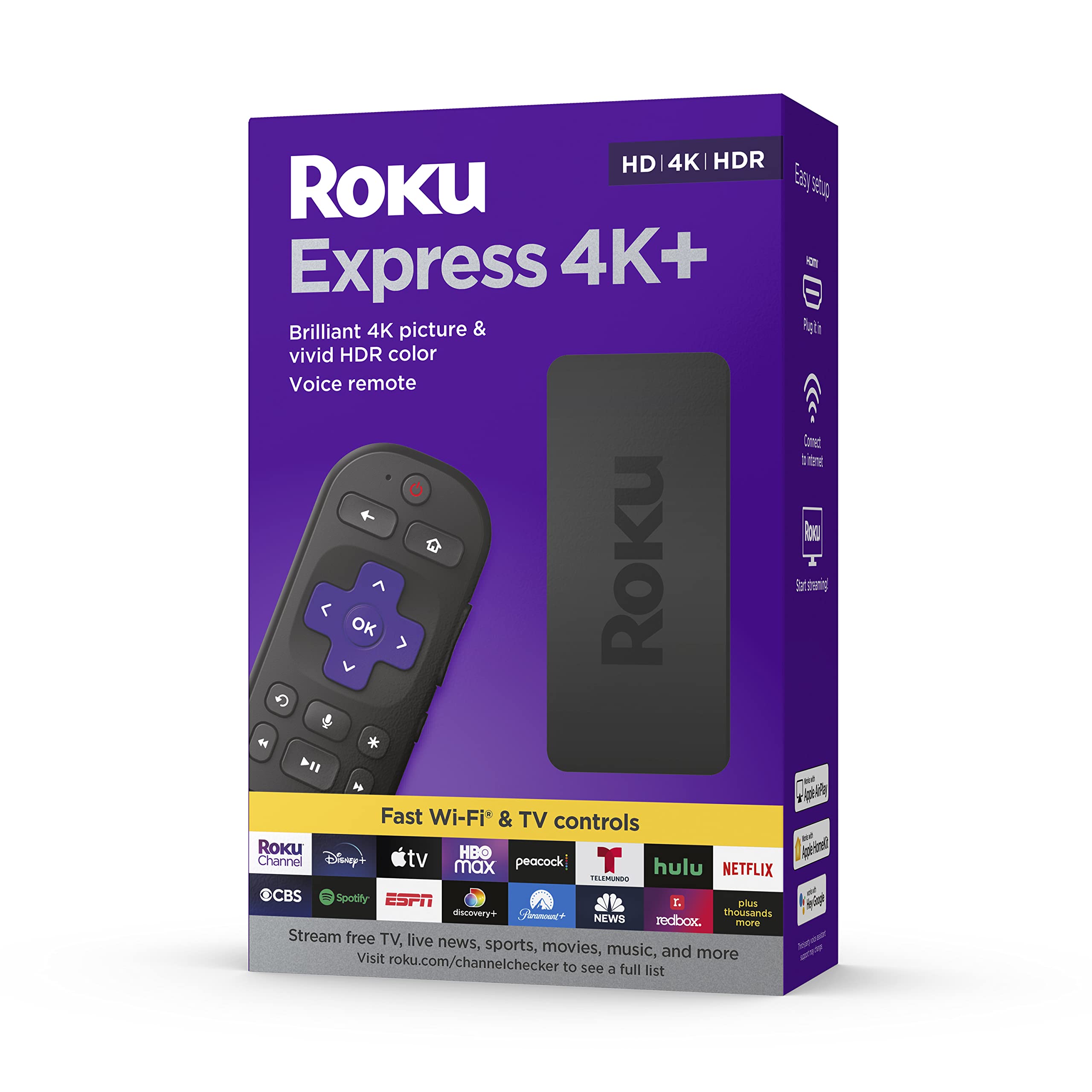 Roku Express 4K+ | Roku Streaming Device 4K/Hdr, Roku Voice Remote, Free & Live Tv