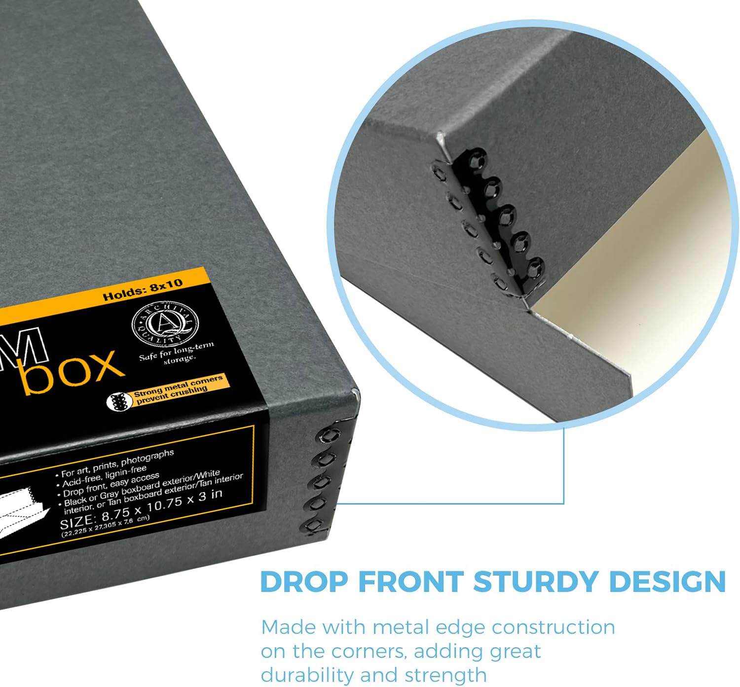 Lineco, 8X10 Gray Drop Front Archival Storage Box Metal Edge. Acid Free, Lignin Free. Preserves Documents, Prints, Cards, Diy, P