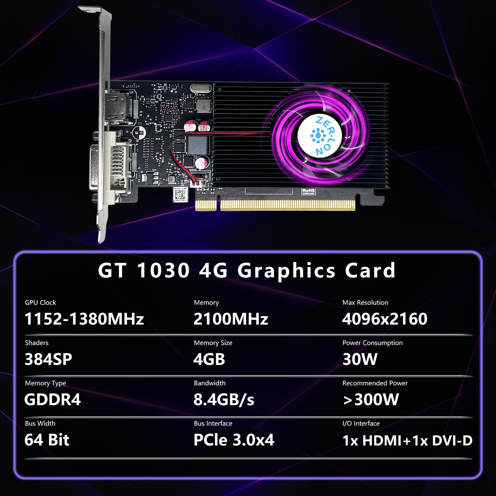 Zer Lon Geforce Gt 1030 4G Low Profile Graphics Card, Gddr4 64Bit, Hdmi/Dvi Ports Support Directx 12 Computer Gaming Video Card,