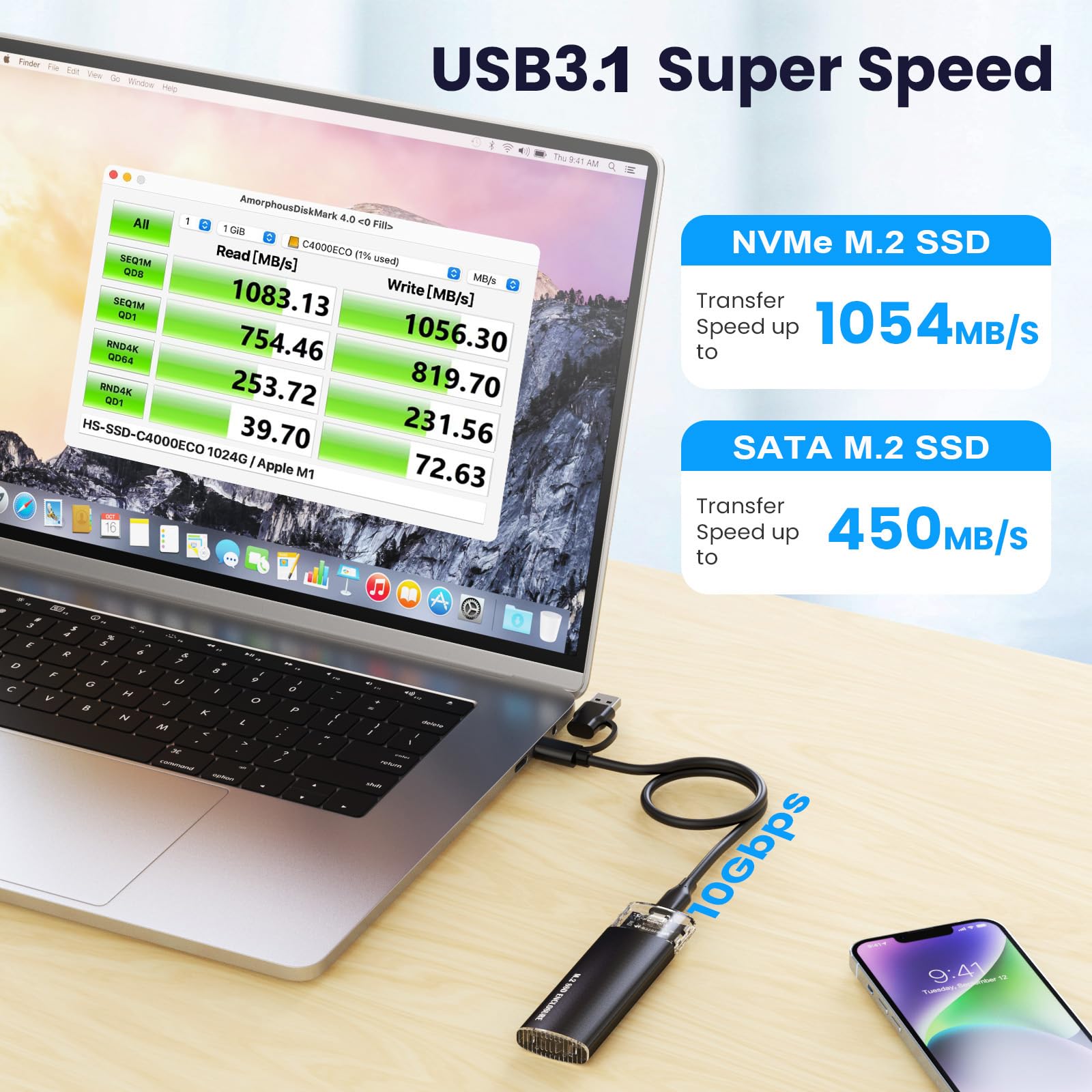 DELXING M.2 NVME SATA SSD Enclosure Adapter 10Gbps USB 3.1 Gen 2 Type C Tool-Free Black for 2230 2242 2260 2280 SSDs SA36-ACCC