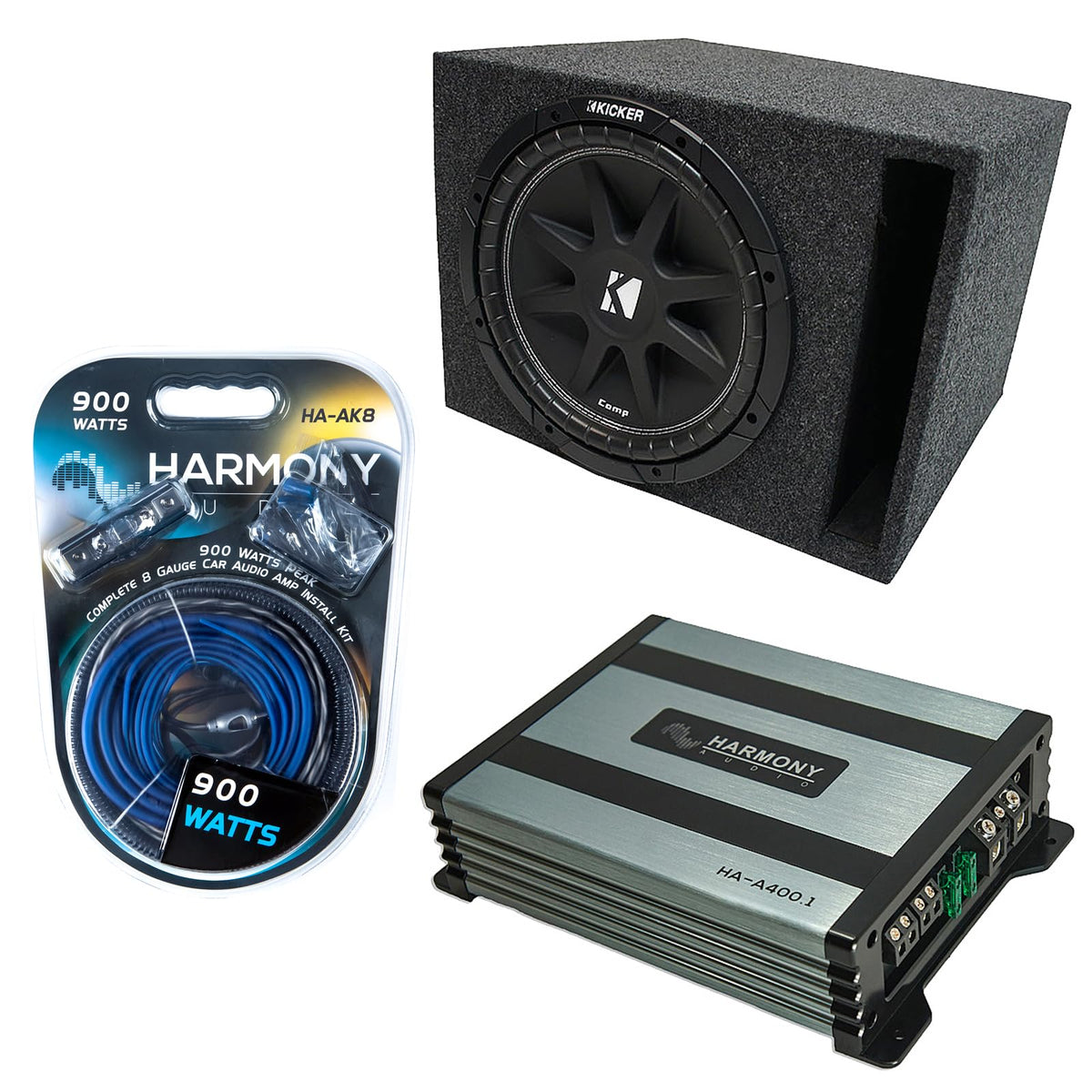 American Sound Connection Kicker Bundle Compatible With Universal Vehicle 43C124 N Single 12'' 150W Loaded Sub Box Enclosure Wit