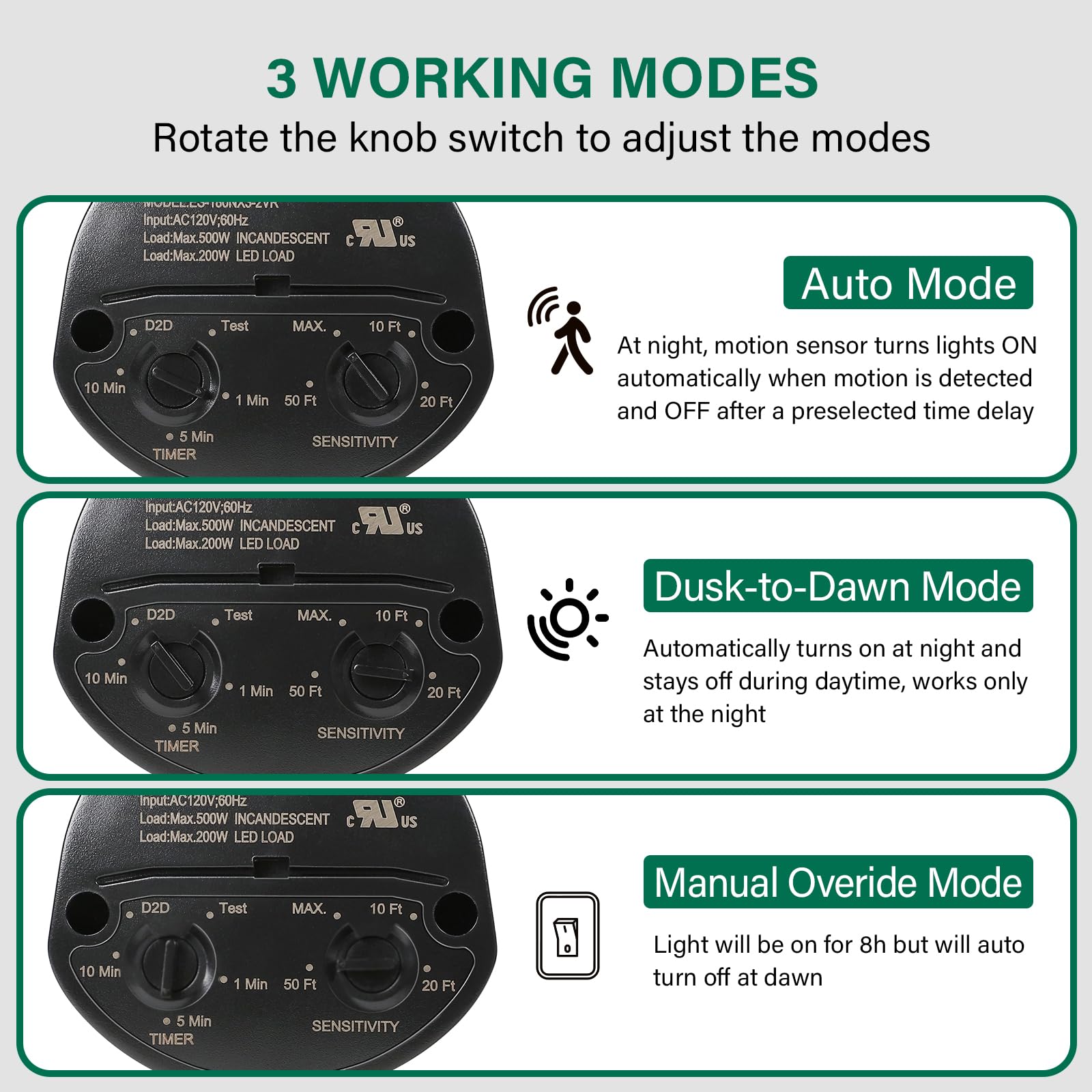 2 Pack Motion Sensor, 180 Degree Replacement Motion Detector, Adjustable Time & Detection Sensitiity Up To 60 Feet Range, 3 Work