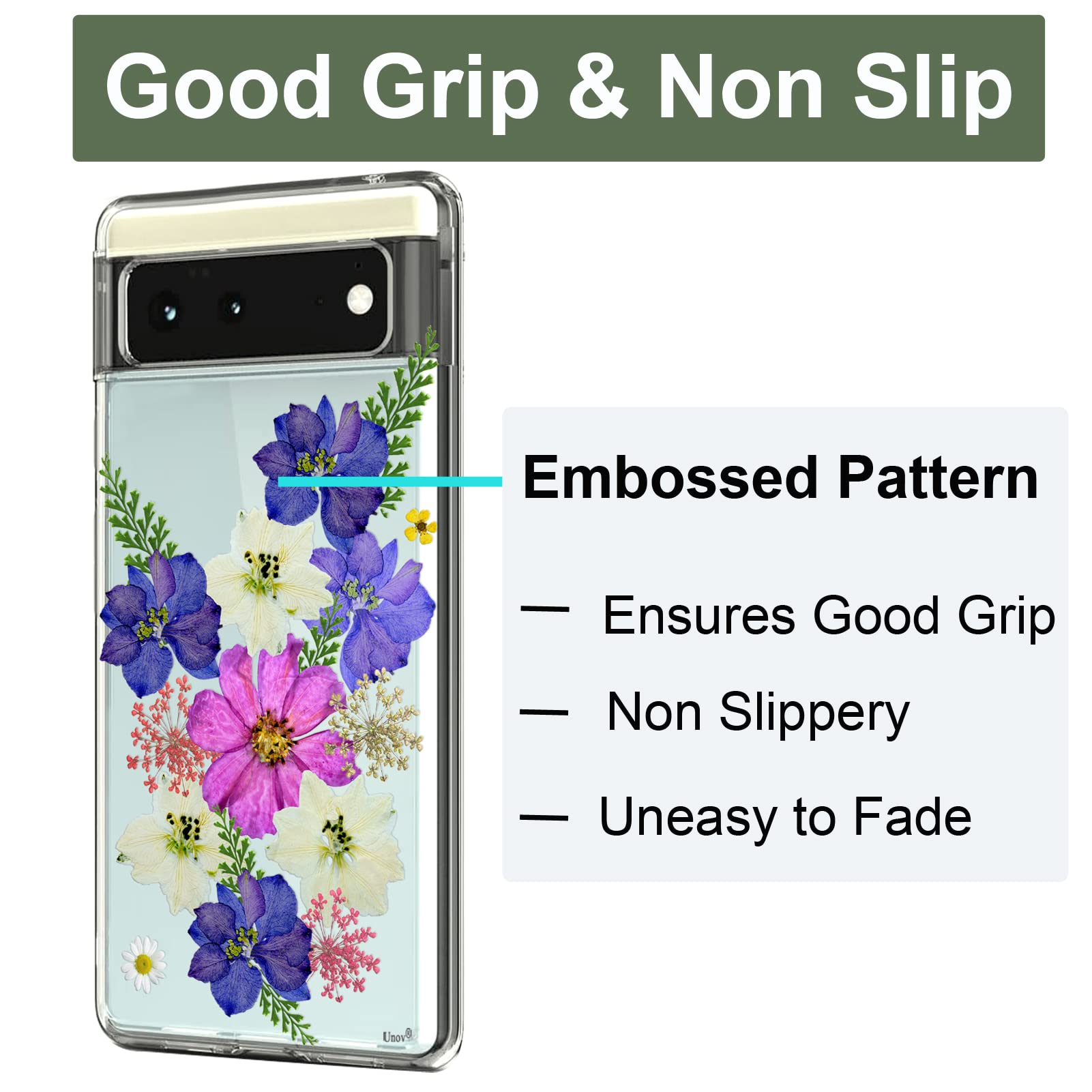 Unov Pixel 6 Phone Case Clear Soft TPU Shock Absorption Embossed Flower Pattern Very Peri Bouquet