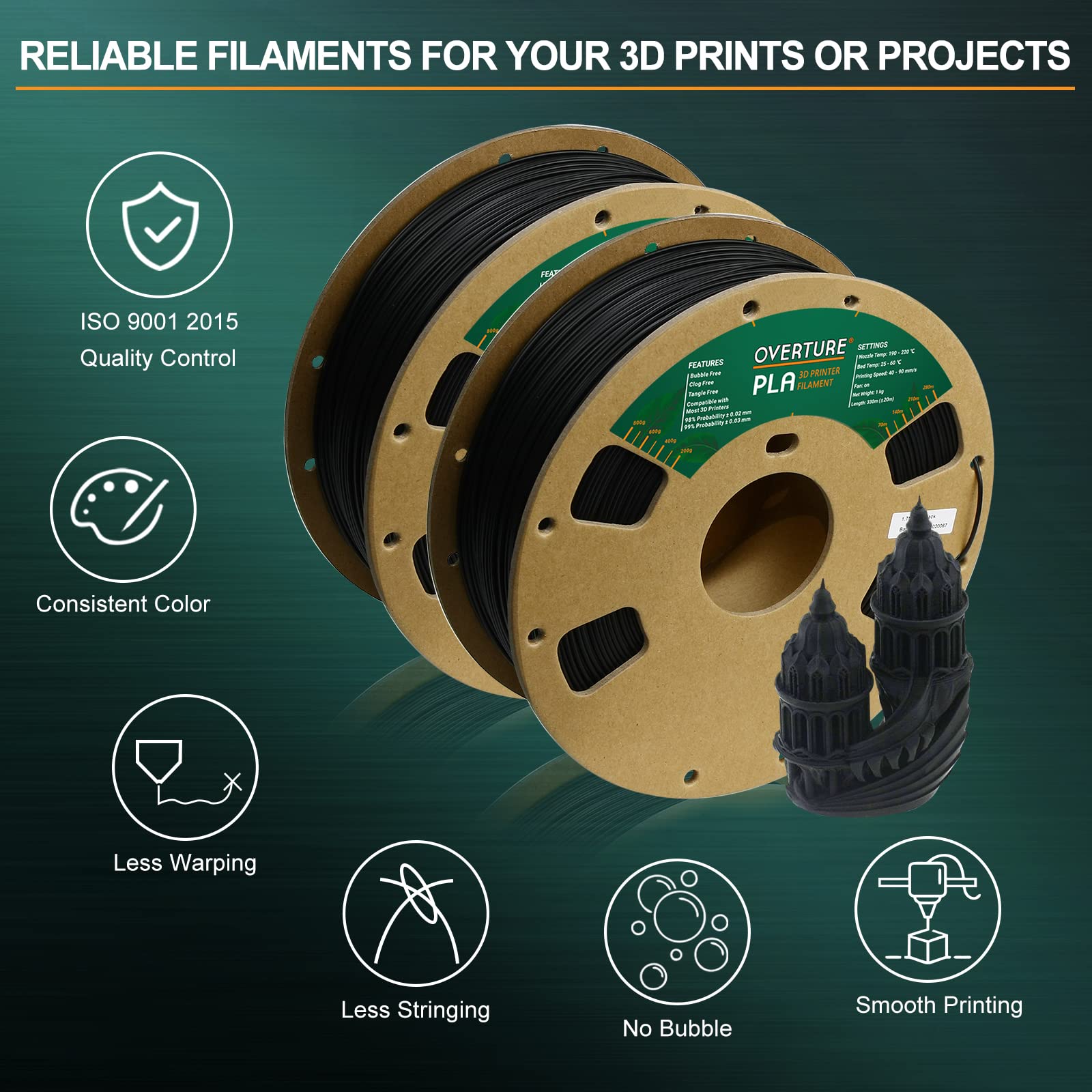 Overture Pla Filament 1.75Mm Pla 3D Printer Filament, 2Kg Cardboard Spool (4.4Lbs), Dimensional Accuracy +/  0.03Mm, Fit Most Fd