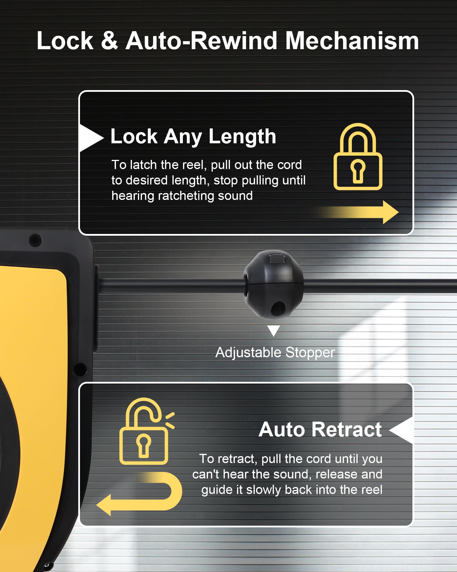 Treewell Retractable Extension Cord Reel, 65Ft 12Awg/3C Sjtow Heavy Duty Power Cord With Lighted Triple Outlets, 15A Circuit Bre