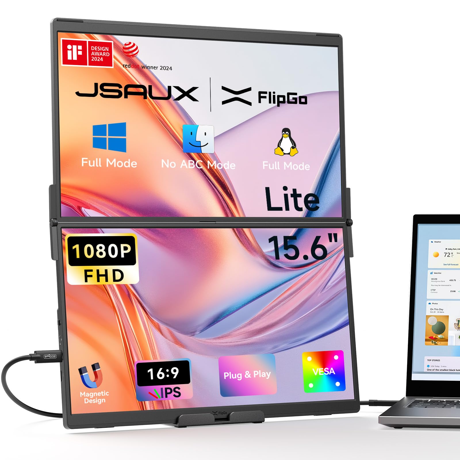 JSAUX FlipGo Lite 15.6 Portable Dual Stacked Monitor, 1080P FHD IPS Laptop Screen Extender One Cable for Triple Monitor Setup (F