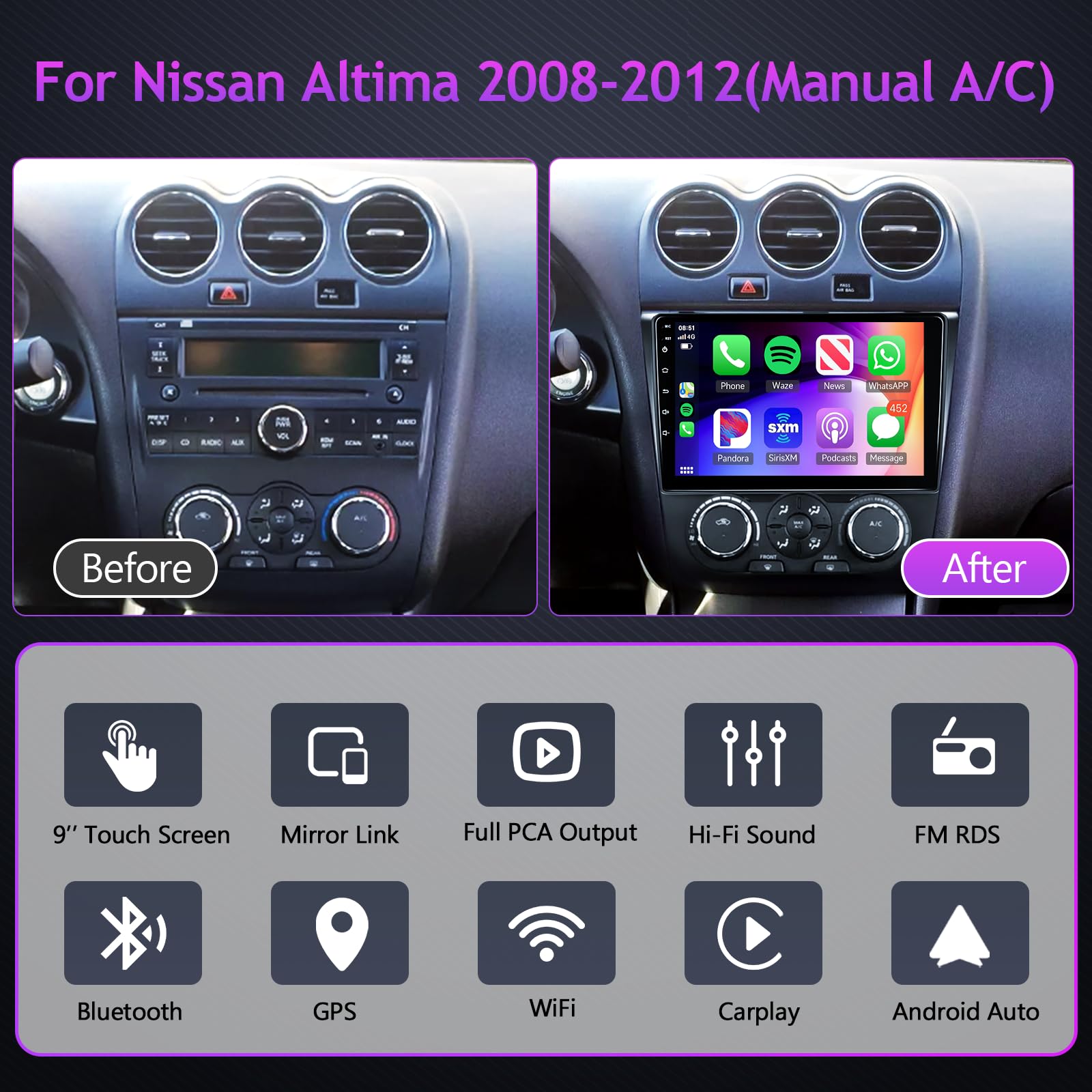 ?Hifi 16Eq? 2G+64G Car Stereo Radio For Nissan Altima 2008 2012 Manual A/C With Carplay Android Auto Mirrorlink,Podofo 9Inch 1080P Ips Hd Ips Touchscreen Bluetooth Rds Fm Radio Gps Wifi Backup Camera