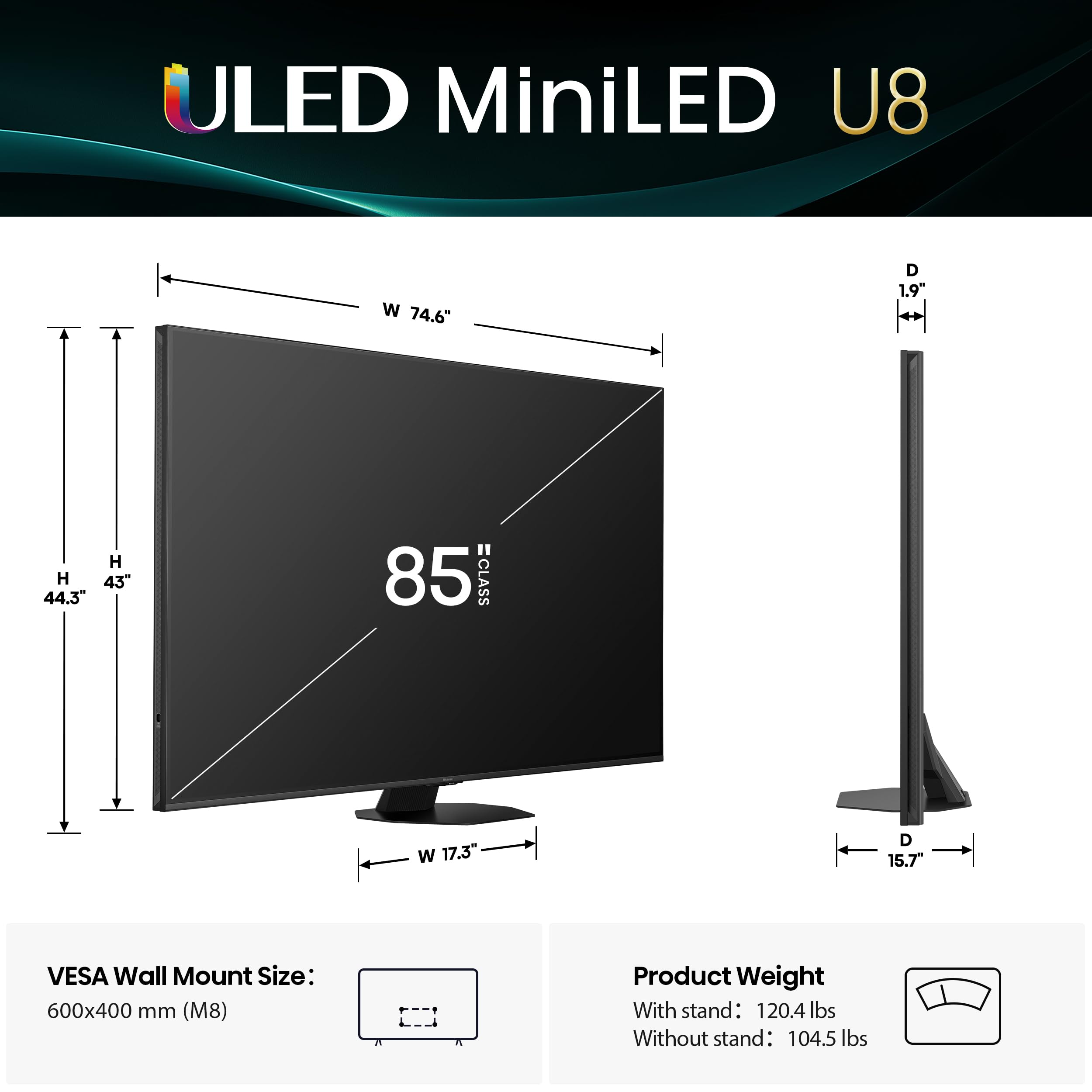 Hisense 85 Class U8 Mini-Led Uled 4K Uhd Google Smart Tv (85U8Qg, 2025 Model) - Qled, Native 165Hz, Vrr 288, Up To Ld5600, 5000