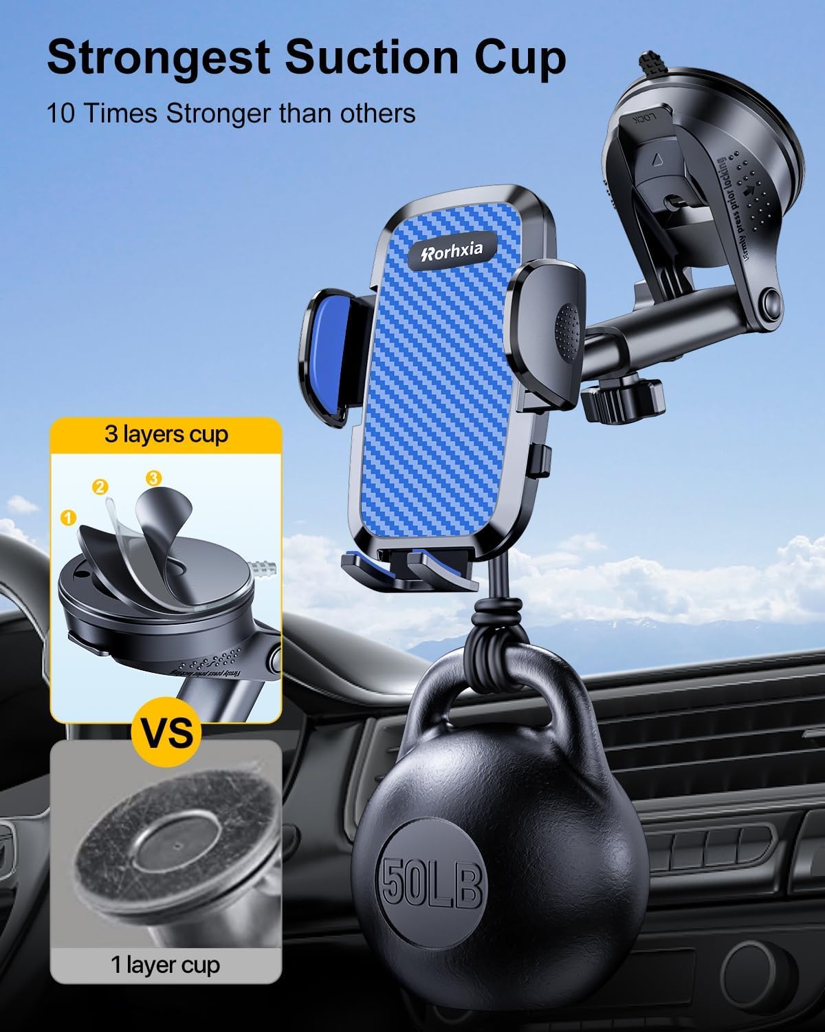 Rorhxia Blue 3-In-1 Phone Mount For Car [2025 Most Stable And Flexible Suction Cup] Vent Dashboard Windshield Cell Phone Holder